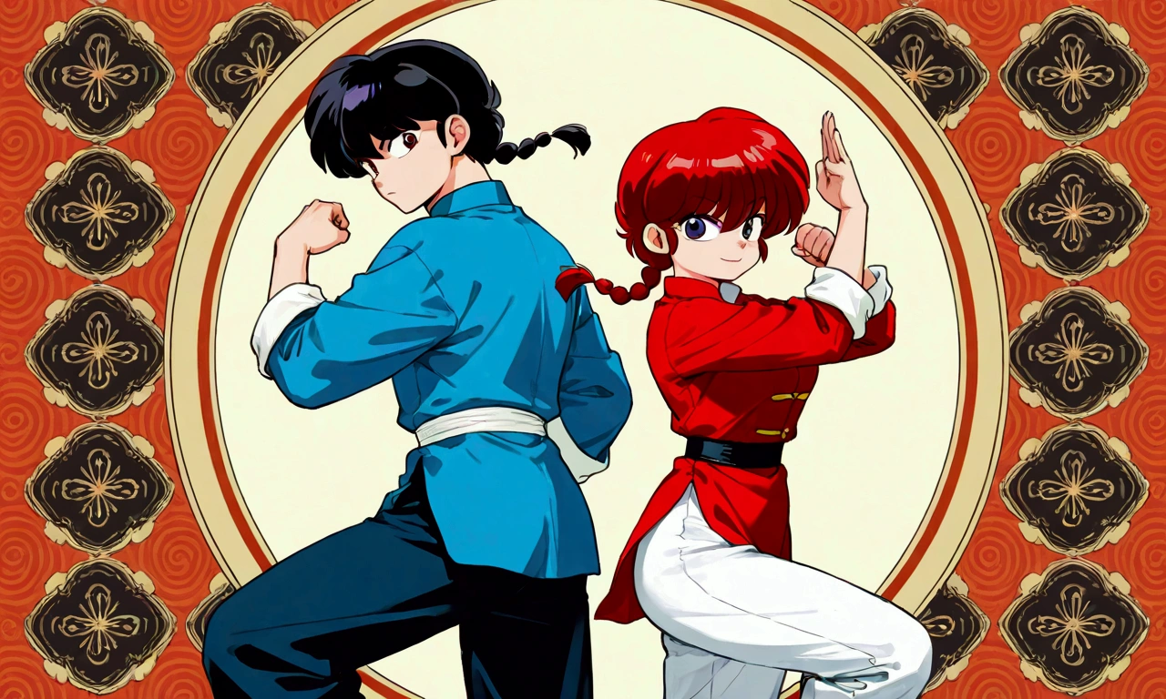 (1boy and 1girl\((back to back:1.4)\):1.4), 1boy\(Ranma, the main character of anime\(Ranma1/2\), braided black hair, gray eyes, red Chinese clothes, smiling, ranma saotome, single braid, braided ponytail,pants, chinese clothes, tangzhuang, kung fu pose\),1girl\(Ranma, the main character of anime\(Ranma1/2\), braided red hair, red eyes, red Chinese clothes, smiling, ranma saotome, braid, red hair, single braid, braided ponytail, red eyes,pants, chinese clothes, tangzhuang, kung fu pose,purple eyeshadow),background\(many deformed pandas,simple,pastel color\). BREAK .quality\(8k,wallpaper of extremely detailed CG unit, high resolution, top-quality, top-quality real texture skin, hyper realistic, increase the resolution, RAW photos, best quality, highly detailed, the wallpaper, golden ratio, high saturation realism, vibrant colors, dramatic lighting, persuasive storytelling, atmospheric scenery, captivating visuals, intricate details, strong emotions, dreamlike world\)