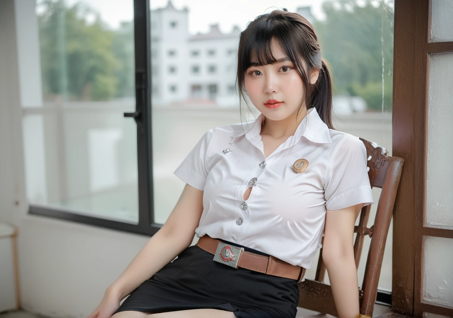  sitting cross-legged,score_9,score_8_up,score_7_up,beast_quality,masterpiece,nisit ,  1 girl, Innocence,  detailed beautiful face ,, lips,  black hair, ponytail,whole body, Short sleeve,  white shirt,   black skirt, Pencil Skirt, Brown belt,silver buckle,looking at viewer,At school, looking at viewer, 