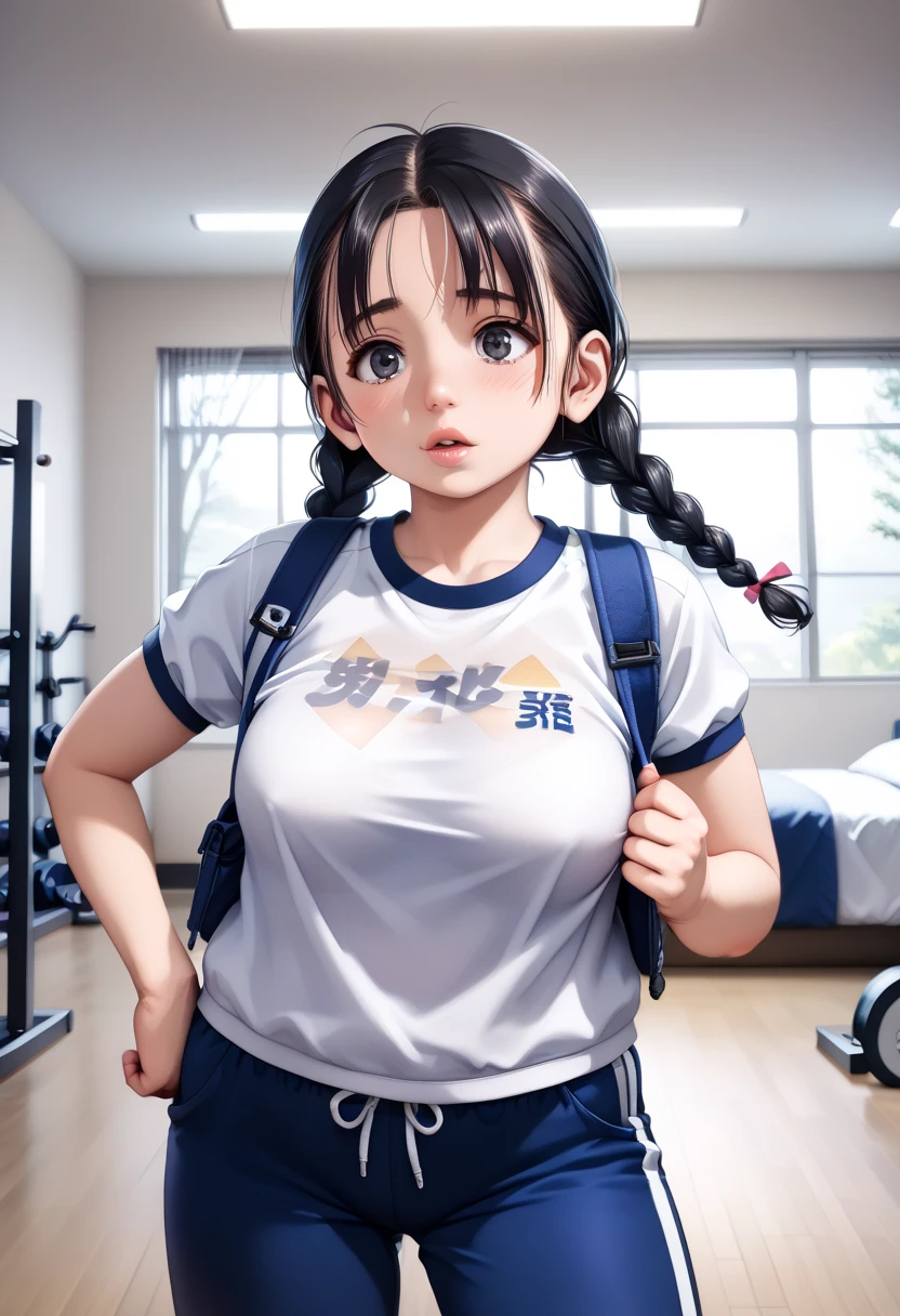 (1girl:1.3), Masterpiece, Best quality, amazing beauty, 4K, absurdres, finely detail, super detailed eye, perfect anatomy, official art, cinematic lighting, BREAK, ((((Bright bedroom)))), Twin braids (shorter), (black hair:1.5), ((super shiny detailed black eye)), (((tareme))), plump lips, Plump face, BREAK , A-cup breasts, petite, medium, Are standing, BREAK , (Japan Gym Clothes:1.2), BREAK,()