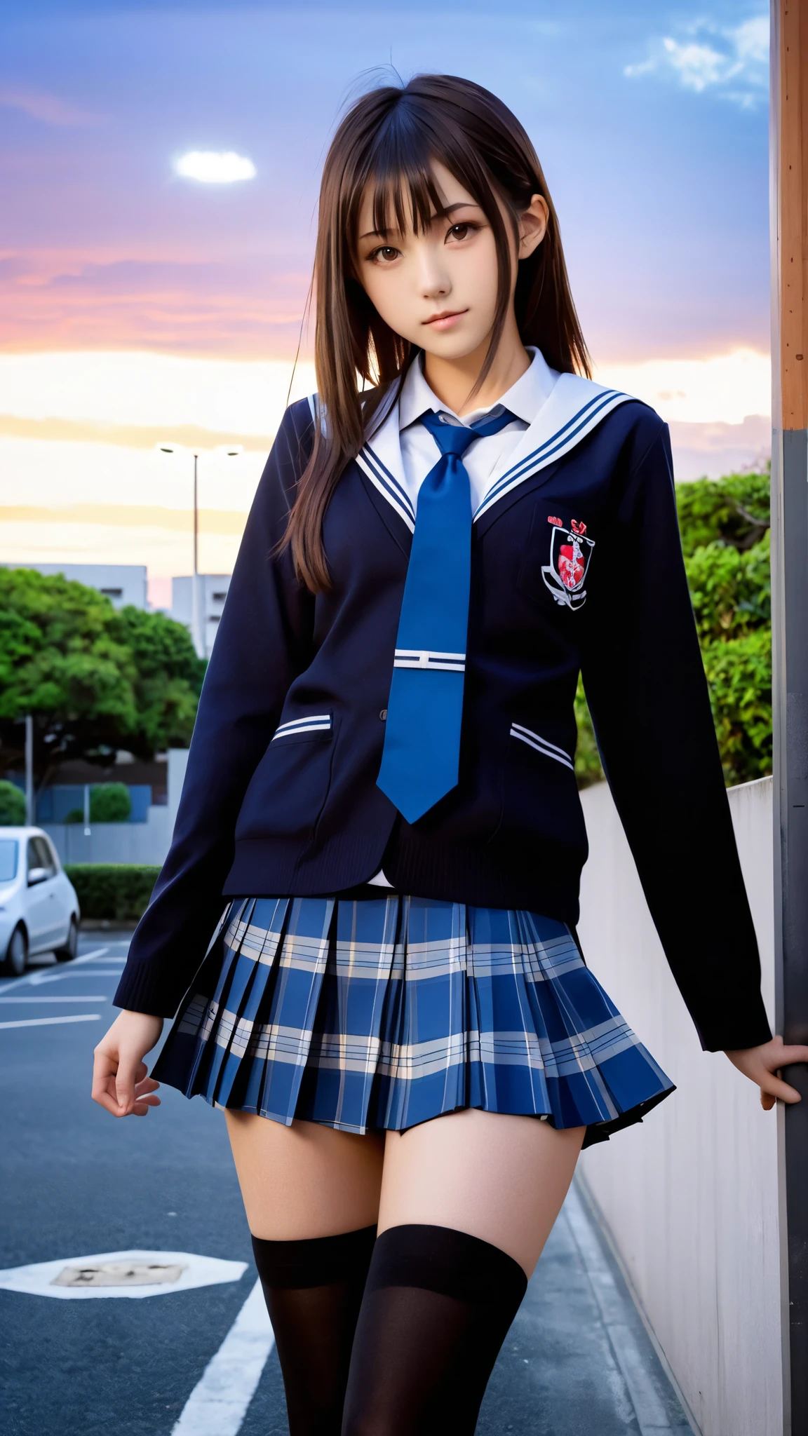 18 y.o slender france|japanese girl,(highly clear face,very cute,Extremely cure beauty,Sexy self-confidence,proud and independent,Clear perfect eyes,phenomenal aesthetic,Amazing photos),Cinematic Lighting,narrow_waist,slender face,skinny,street at night,short hair,school uniform,legs,full body,((school_uniform)),pleated skirt,(BLUE_Long_Tie),brown_shoes,(Gravure pose:1),Sunset,Nippon High School,wsal,((baisijdly, black legwear):1.2),black thighhighs,