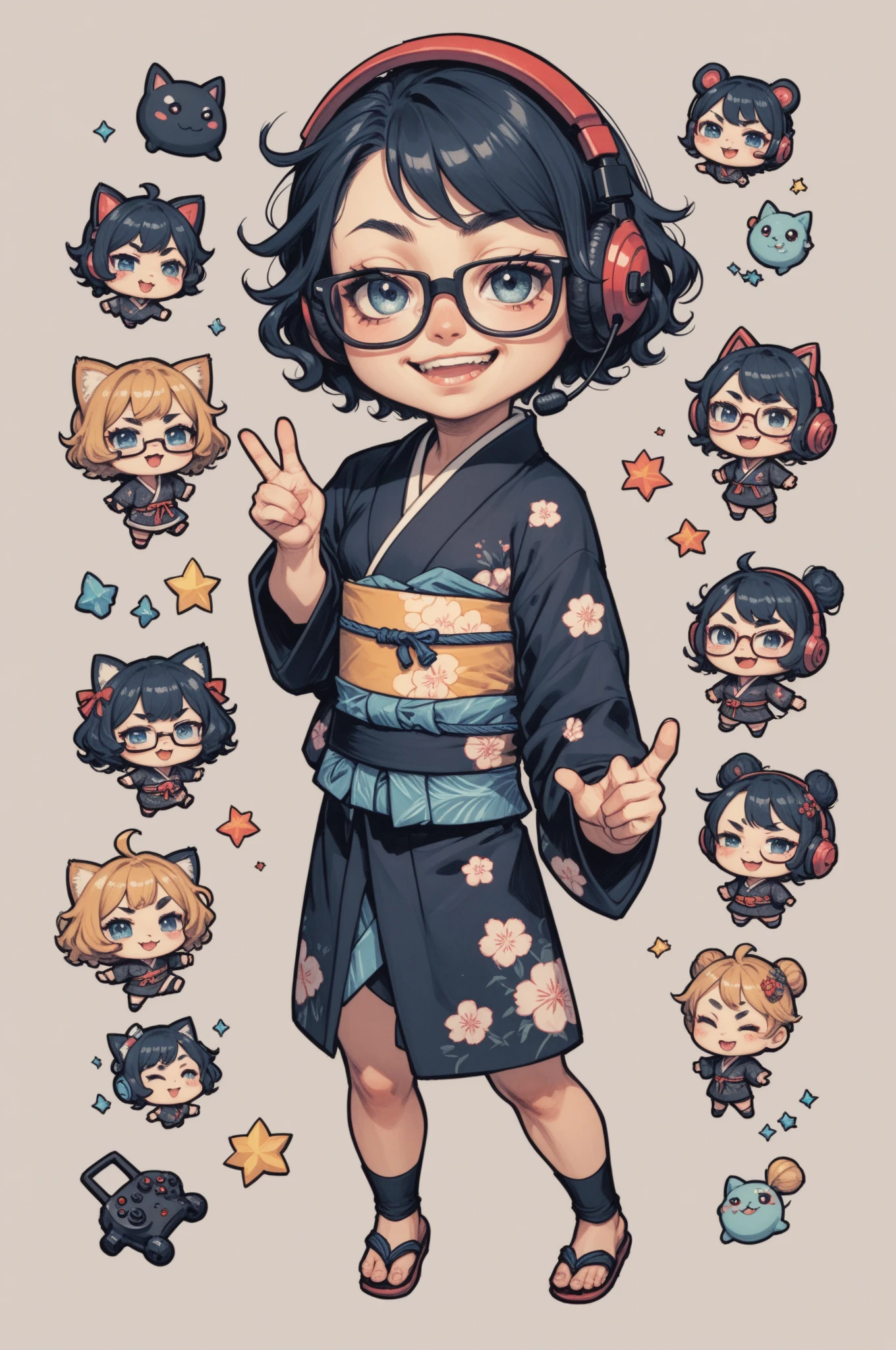 Japanese woman, one person, black wavy hair, semi-short hair, wearing glasses, Front facing, gaming headset, full body image, black Japanese-kimono, icon, chibi, kawaii, smug face, 