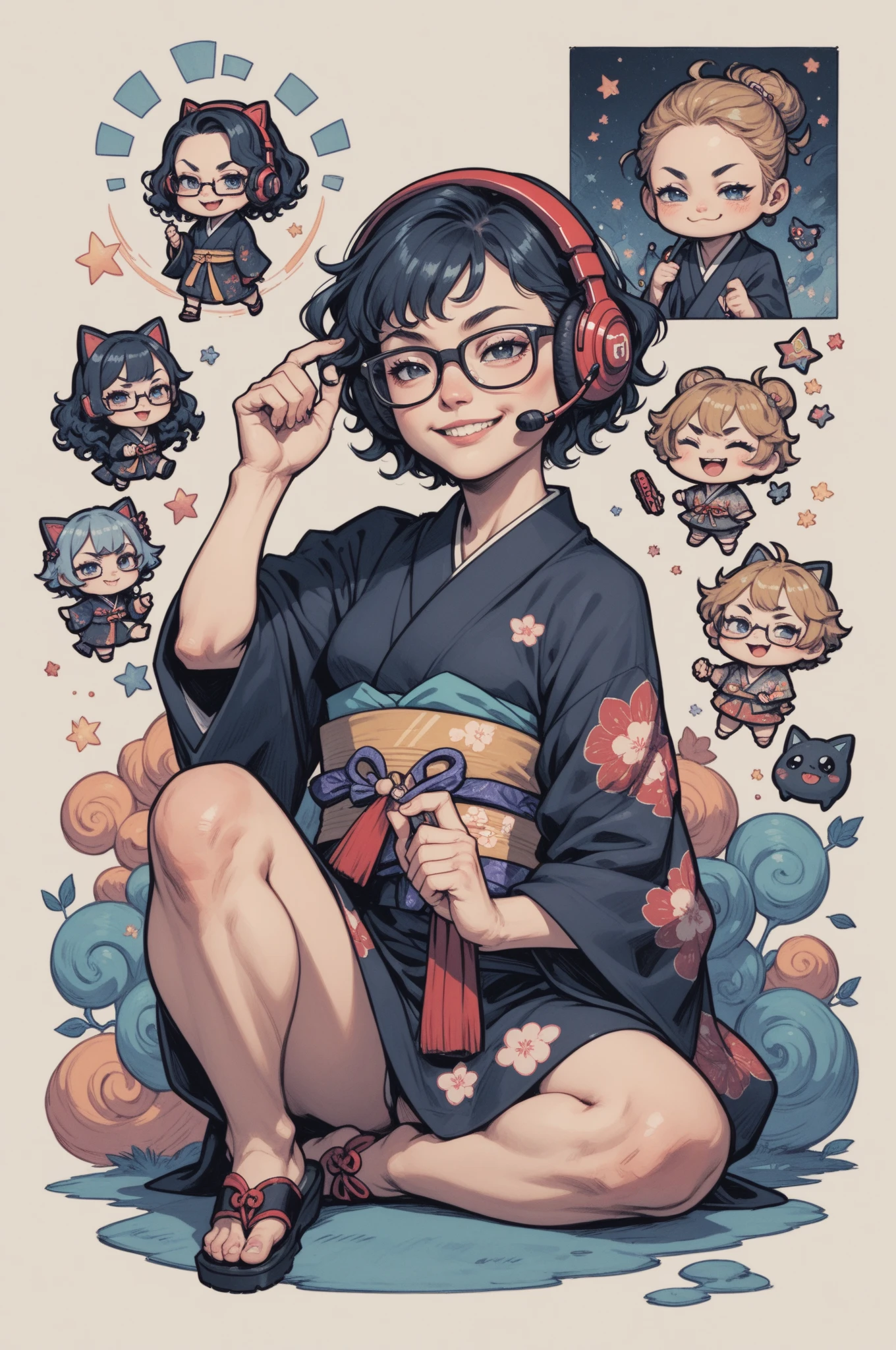 Japanese woman, one person, black wavy hair, semi-short hair, wearing glasses, Front facing, gaming headset, full body image, black Japanese-kimono, icon, chibi, kawaii, smug face, 