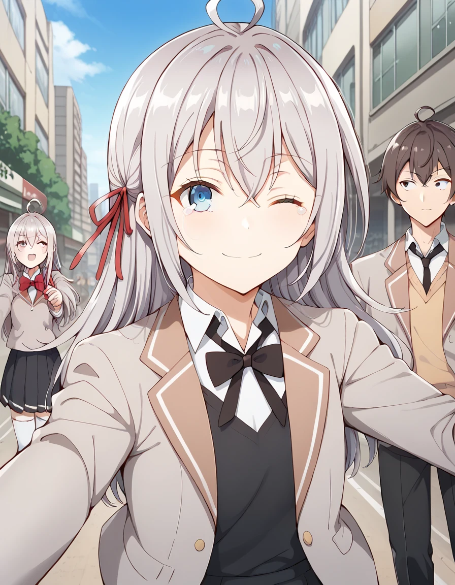 score_9, score_8_up, score_7_up, source_anime, outdoors, street, tokyo city, blue sky, crowd, hugging, standing, selfie, BREAK
1girl, alya, long hair, silver hair, ahoge, crossed bangs, hair ribbon, sidelocks, blue eyes, school uniform, grey jacket, open jacket, long sleeves, red bow, white shirt, collared shirt, black vest, buttons, black dress, white thighhighs, kicking masachika, white panty, light smile, one eye closed, 
ADDCOL
1boy, solo, looking at viewer, masachika kuze, short hair, brown hair, hair between eyes, brown eyes, school uniform, grey jacket, long sleeves, open jacket, buttons, white shirt, collared shirt, black necktie, yellow sweater vest, black pants, looking at another, crying