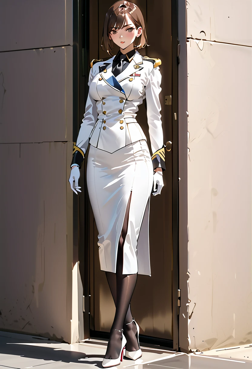 Woman in white military uniform 、 black tie、long tight skirt with slits、 white gloves、 black pantyhose、 White Stiletto Heels 