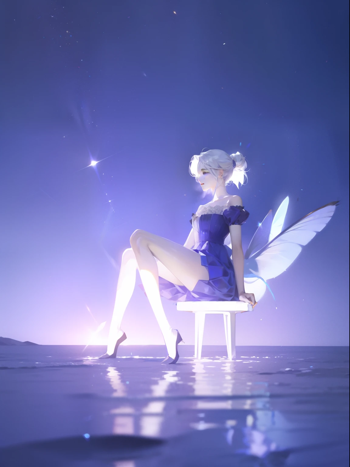 1 girl，clear water，blue butterfly，Pure white gauze skirt，sparkling，sit in the air
