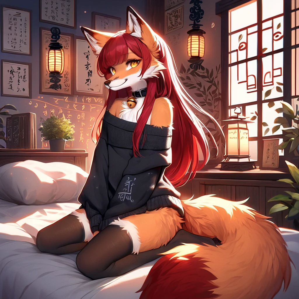 full body、Solo、unpralleled masterpiece、Detailed、 Beautiful、 score_9、 score_8_up、 score_7_up、moody atmosphere、mysterious、fox、anthro、furry、female、orange fur、(long hair、beautiful hair、dark scarlet red hair、side swept hair、bangs、hair bow in hair)、yellow eyes、(tuft of fur)、(digitigrade、claws、fox paws、exposed feet)、(foxy whiskers)、(heavily shaded orange body、dark black shading on body)、(sassy pose、sassy hips、sassy、flirtatious)、fluffy tail、(light smile、soft smile)、wearing (Black simple stylish long socks、non-transparent thigh highs、Black crop off shoulder sweater、Collar with gold bell)、night、indoors、in a bedroom、pillow、(dimly lit room、dark room、dark room illuminated by lantern)、(divine letters with incantations on wall、open book with calligraphy written on it、plant in the background)、looking at viewer with adoration