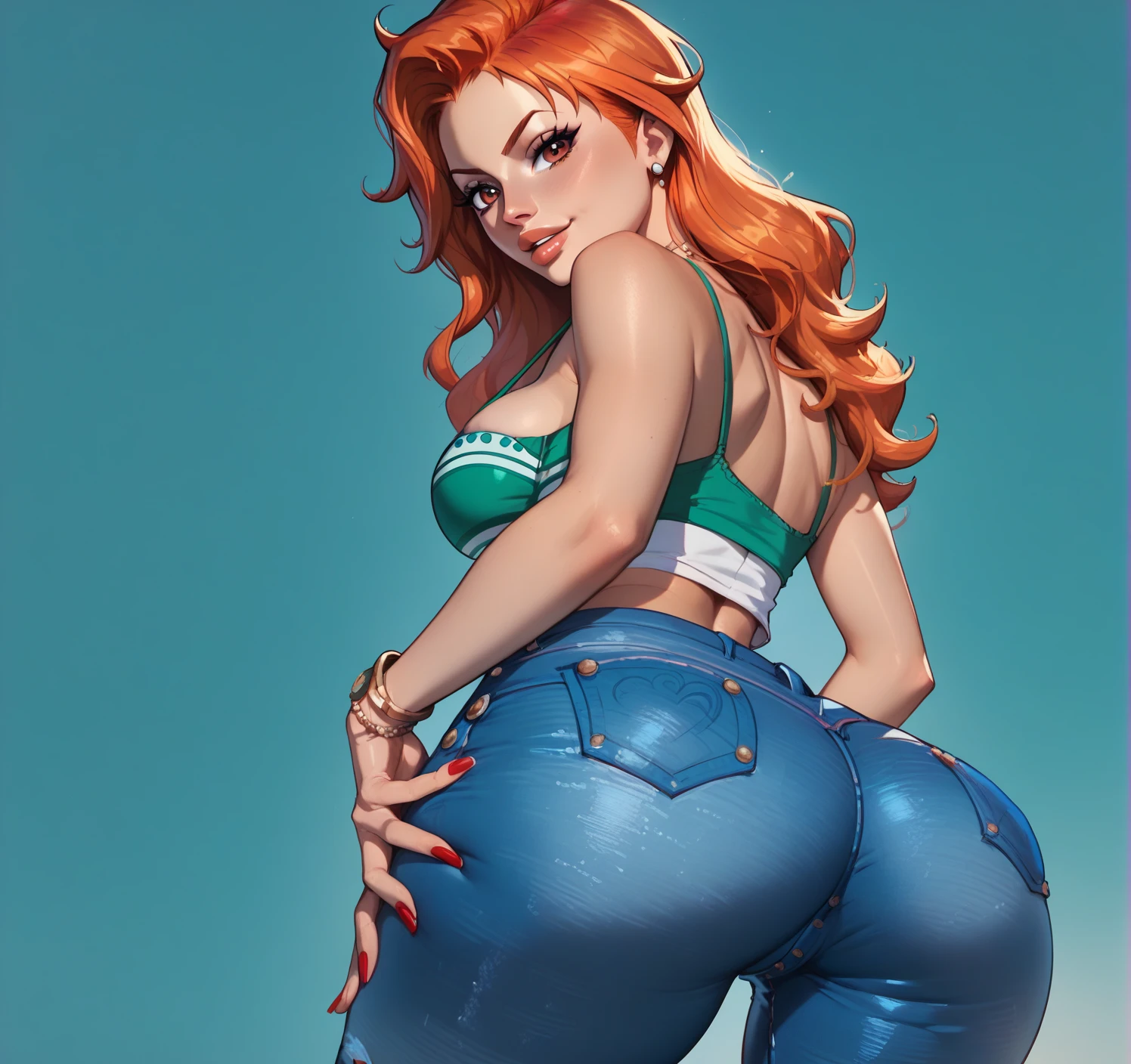 Nami,She is in a very sexy pose looking at the spectator wearing short jeans showing her thin  ,big ass,mirada piacara,tanga de hilo,red,slutty,