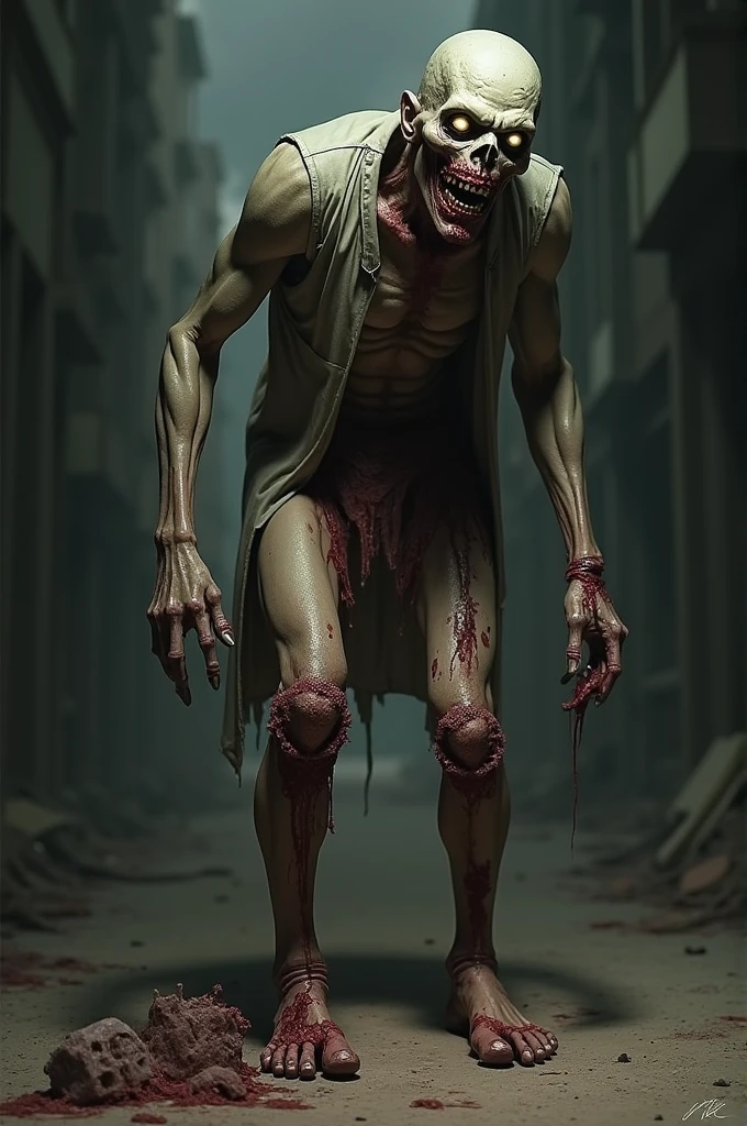 A half-human monster with one arm missing and an exposed bone on its leg