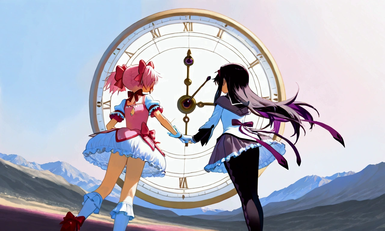 (2girls:1.5),(akemi_homura\(Puella Magi Madoka Magica,magical_girl,purple long hair,purple costume\) and kaname_madoka\(Puella Magi Madoka Magica,Magical_Girl,pink short twin tails,pink costume\) are holding hands:1.3),colorful and geometric and chaotic background of chaotic gothic shadow puppet castles,(in a very psychedelic nightmare),big clock motif at the center of background,. BREAK .quality\(8k,wallpaper of extremely detailed CG unit, high resolution, top-quality, top-quality real texture skin, hyper realistic, increase the resolution, RAW photos, best quality, highly detailed, the wallpaper, golden ratio, high saturation realism, vibrant colors, dramatic lighting, persuasive storytelling, atmospheric scenery, captivating visuals, intricate details, strong emotions, dreamlike world\).(long shot),wide shot,landscape,blured background,(art by Maurits Escher:1.3)