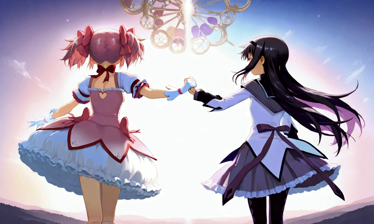 (2girls:1.5),(akemi_homura\(Puella Magi Madoka Magica,magical_girl,purple long hair,purple costume\) and kaname_madoka\(Puella Magi Madoka Magica,Magical_Girl,pink short twin tails,pink costume\) are holding hands:1.3),colorful and geometric and chaotic background of chaotic gothic shadow puppet castles,(in a very psychedelic nightmare),big clock motif at the center of background,. BREAK .quality\(8k,wallpaper of extremely detailed CG unit, high resolution, top-quality, top-quality real texture skin, hyper realistic, increase the resolution, RAW photos, best quality, highly detailed, the wallpaper, golden ratio, high saturation realism, vibrant colors, dramatic lighting, persuasive storytelling, atmospheric scenery, captivating visuals, intricate details, strong emotions, dreamlike world\).(long shot),wide shot,landscape,blured background,(art by Maurits Escher:1.3)