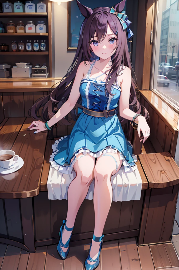 Mejiro Dober \(Uma Musume\)、horse ear、8k、 top quality, masterpiece,  high definition , UHD、Alone, super detail、 Perfect Anatomy、 1 girl、((Short blue dress ))、(( sleeveless dress ))、bare shoulders, collarbone、smile、Full body painting、 facing the front、coffee shop、sit on a chair、table、 coffee cup 、( white panties visible:1.5)、