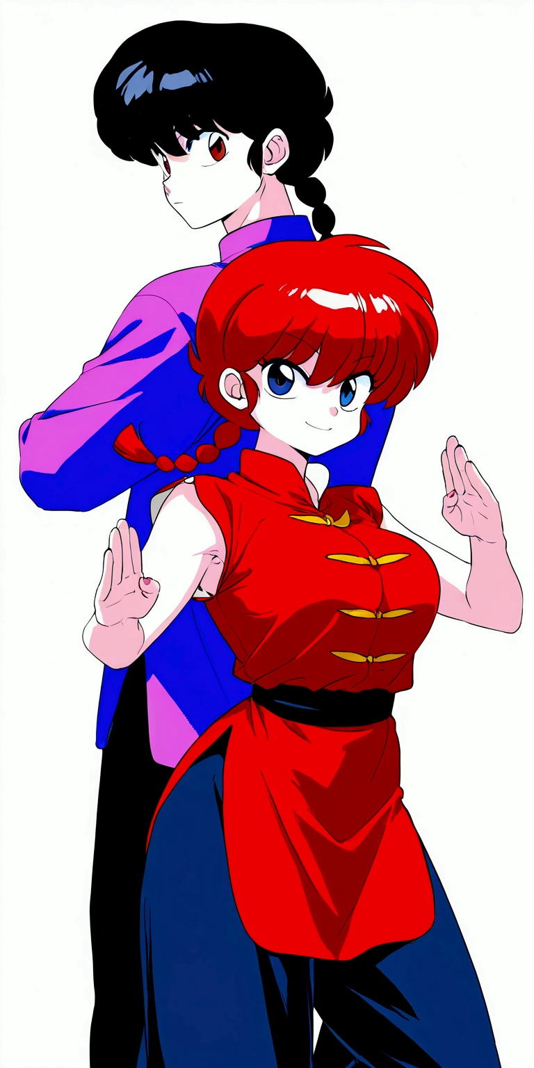 (1boy and 1girl\((back to back:1.4)\):1.4), 1boy\(Ranma, the main character of anime\(Ranma1/2\), braided black hair, gray eyes, red Chinese clothes, smiling, ranma saotome, single braid, braided ponytail,pants, chinese clothes, tangzhuang, kung fu pose\),1girl\(Ranma, the main character of anime\(Ranma1/2\), braided red hair, red eyes, red Chinese clothes, smiling, ranma saotome, braid, red hair, single braid, braided ponytail, red eyes,pants, chinese clothes, tangzhuang, kung fu pose,purple eyeshadow),background\(many deformed pandas,simple,pastel color\). BREAK .quality\(8k,wallpaper of extremely detailed CG unit, high resolution, top-quality, top-quality real texture skin, hyper realistic, increase the resolution, RAW photos, best quality, highly detailed, the wallpaper, golden ratio, high saturation realism, vibrant colors, dramatic lighting, persuasive storytelling, atmospheric scenery, captivating visuals, intricate details, strong emotions, dreamlike world\)