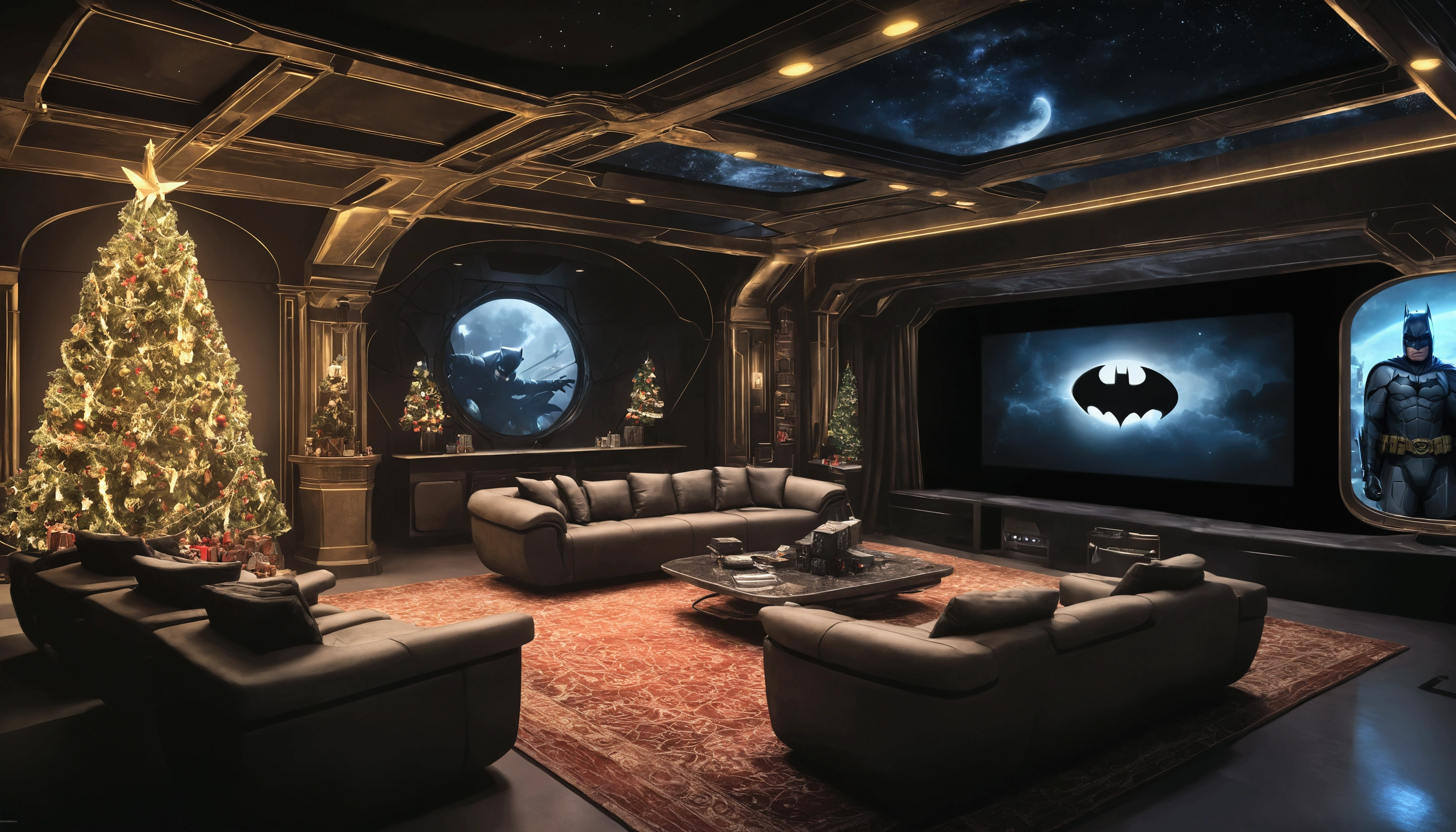 batman movie theater with a large screen and a batman car, movie concept art, cinematic design, concept art for movies, sci-fi hollywood concept art, movie environment design, sci-fi themed, photorealistic dark concept art, star wars cavern interior, weta workshop concept art, an evil villain's lair, concept art for movie, sci fi engine room living room, priority: festive Christmas decorations brightening the room, large Christmas tree, many gifts