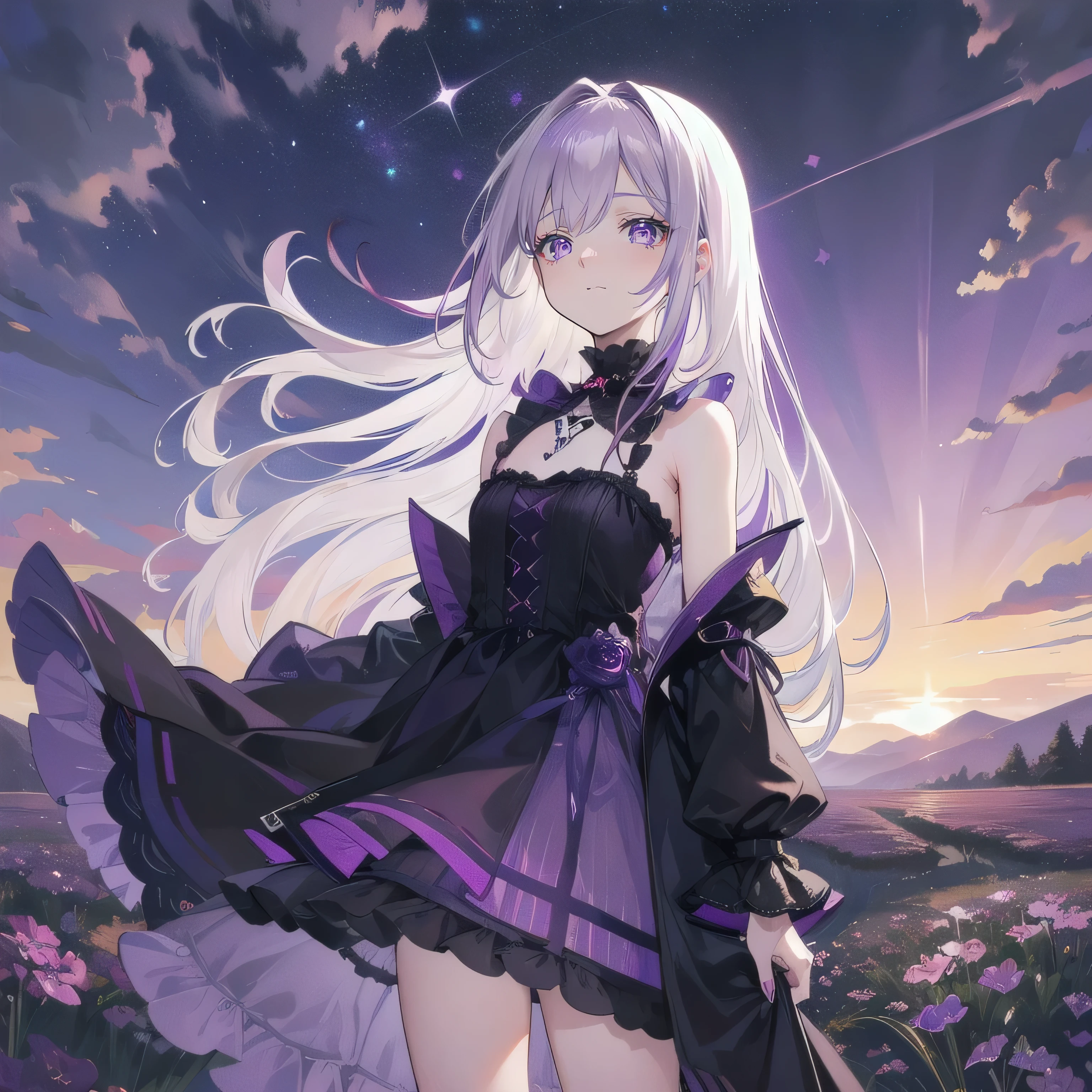 white hair girl,Starry sky colored eyes,Wearing a starry sky-colored dress