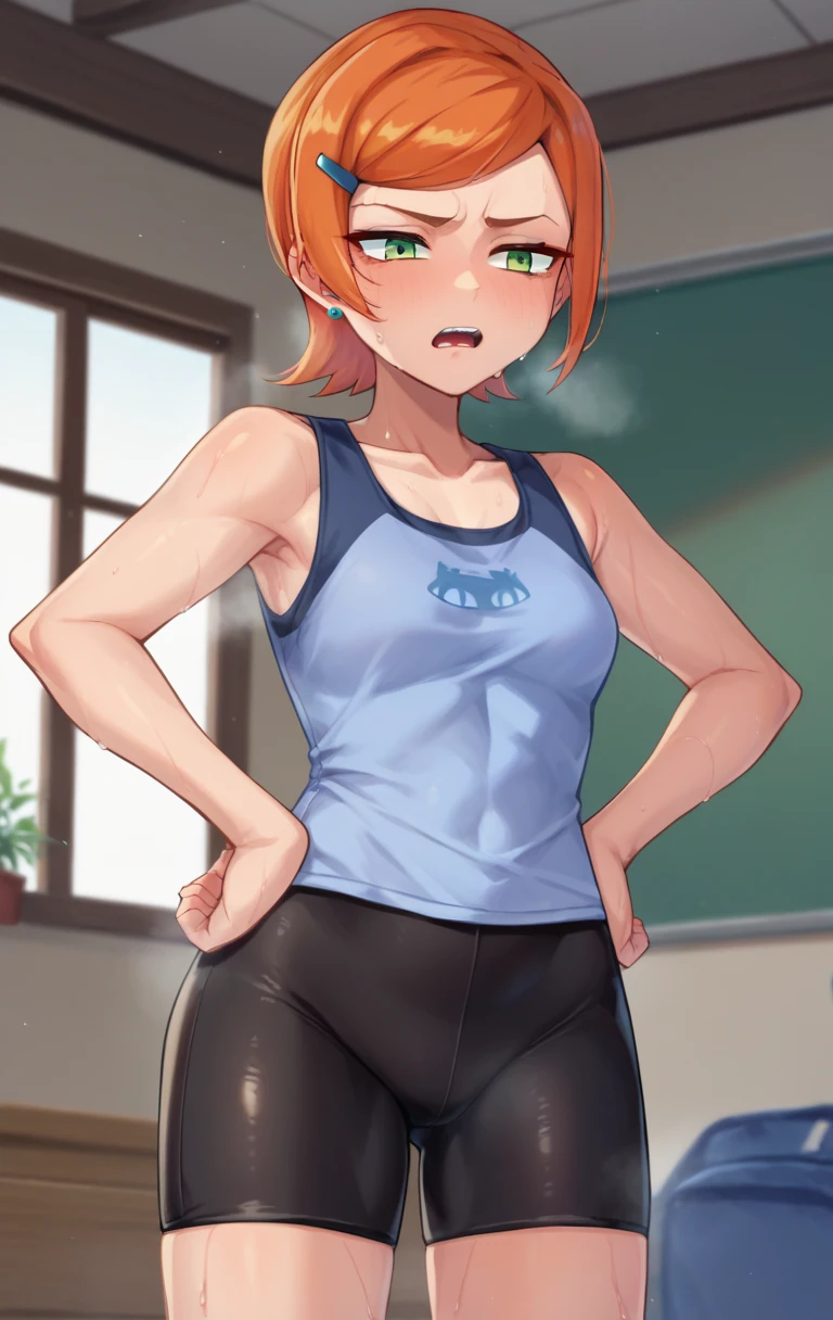 score_9,score_8_up,score_7_up,source_cartoon BREAK GwenSDXL,1girl,short hair, hair ornament, green eyes, earrings, hairclip, orange hair, swept bangs, cowboy shot,room, gym background, dark blue tanktop, black bike shorts, tight shorts, sweaty, exhuasted, tired expression, out of breath, hands on hips, open mouth, sweating perfously, steam coming out of mouth