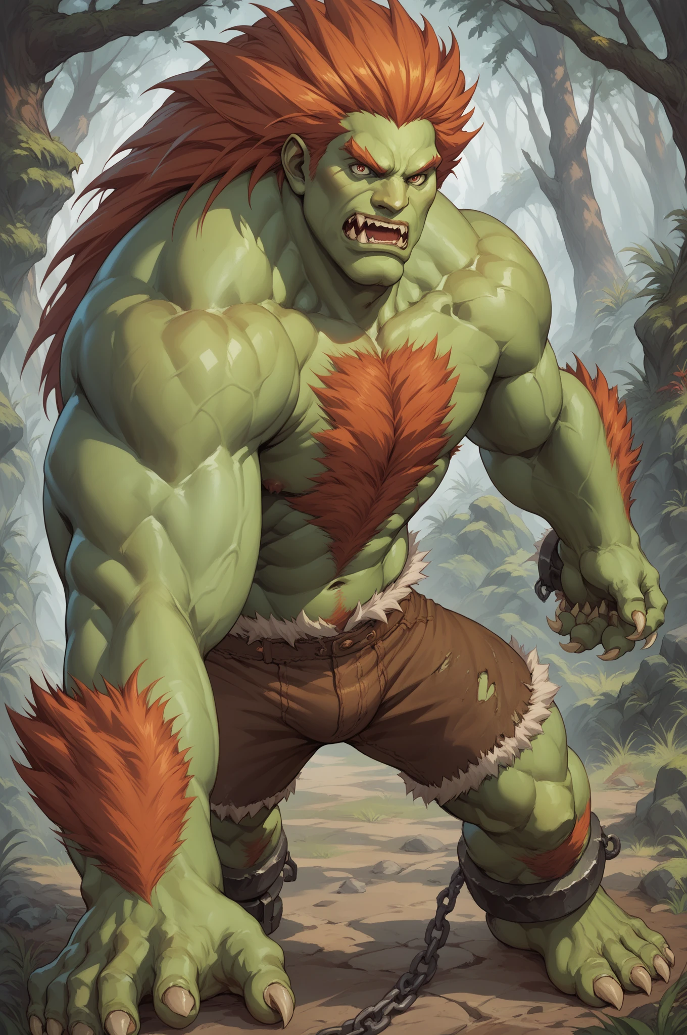 score_9, score_8_up, score_7_up, masterpiece, high quality, BREAK
 blnka, long hair, colored skin, green skin, monster boy, claws, fur, underwear small, fur trim, fangs, cuffs,