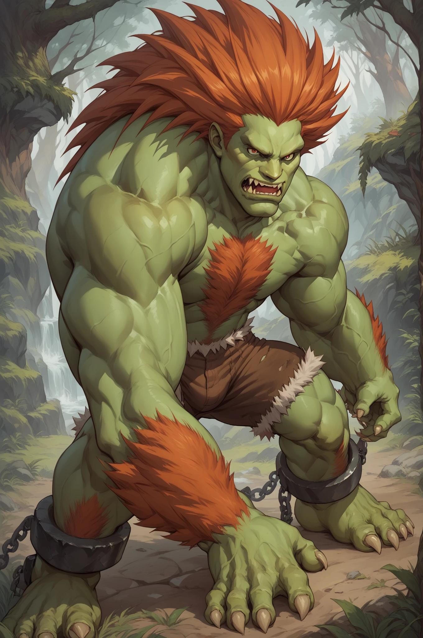 score_9, score_8_up, score_7_up, masterpiece, high quality, BREAK
 blnka, long hair, colored skin, green skin, monster boy, claws, fur, underwear small, fur trim, fangs, cuffs,