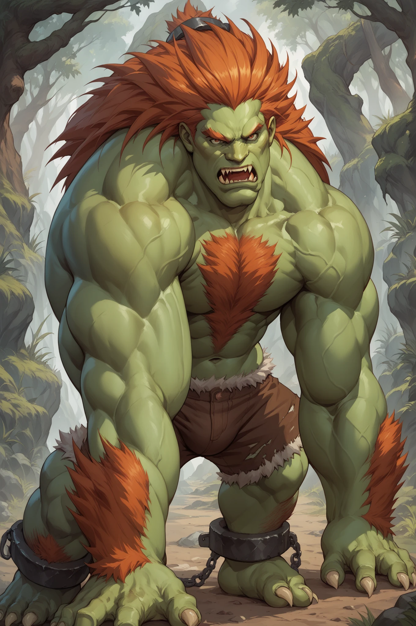 score_9, score_8_up, score_7_up, masterpiece, high quality, BREAK
 blnka, long hair, colored skin, green skin, monster boy, claws, fur, underwear small, fur trim, fangs, cuffs,