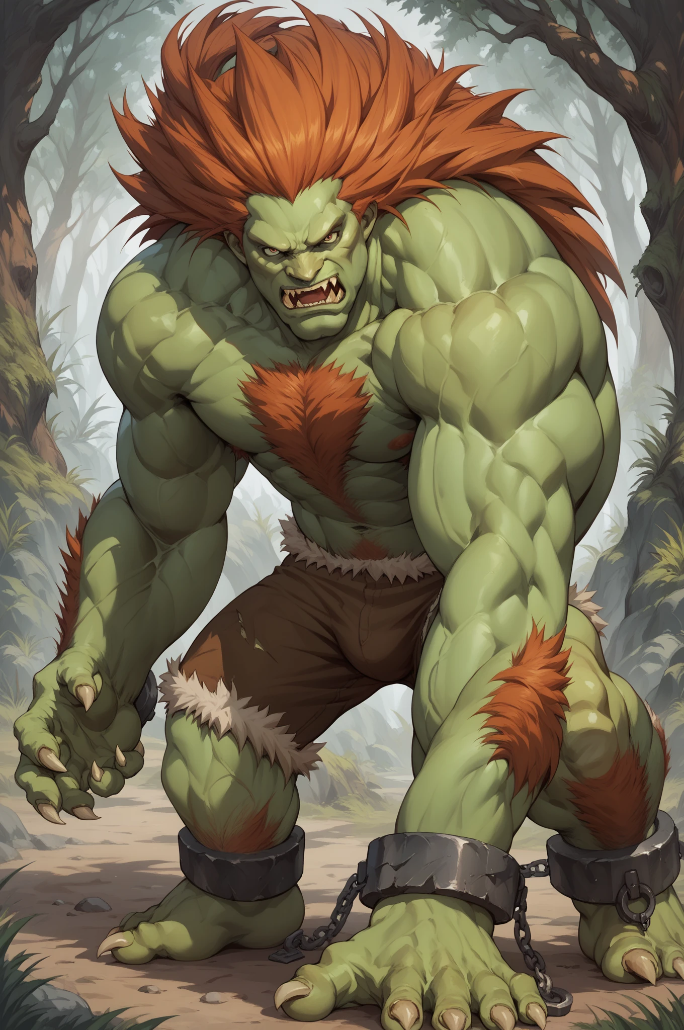 score_9, score_8_up, score_7_up, masterpiece, high quality, BREAK
 blnka, long hair, colored skin, green skin, monster boy, claws, fur, underwear small, fur trim, fangs, cuffs,