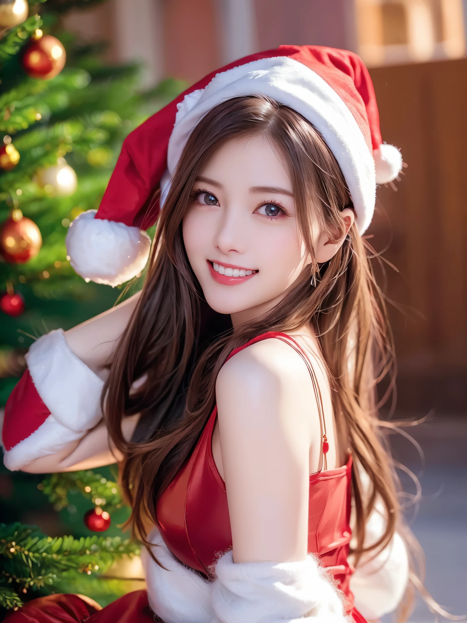  top quality、 super high resolution 、(Photographically: 1.4)、 beautiful eyes、 very beautiful 、 shiny hair 、Thin hair、 Merry Christmas 、 Christmas tree、smile、(( red Santa Claus costume 、Santa hat、Forehead))