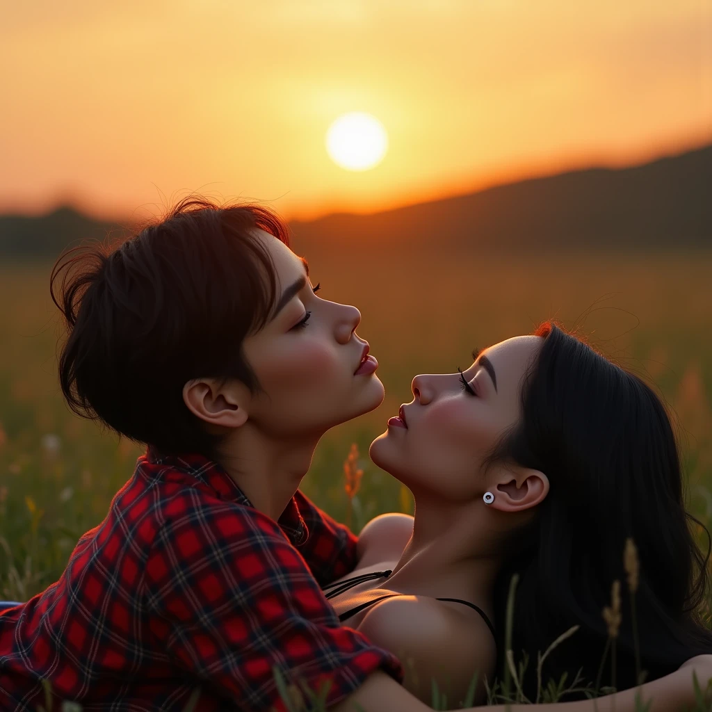 (Best quality, 8k, 32k, Masterpiece, UHD:1.2) "Generate a captivating artwork featuring a young Japanese girl model with short, sleek black hair styled in a chic bob haircut. Envision her bathed in dramatic cinematic lighting, creating an atmosphere of allure and mystery. Emphasize a romantic aesthetic vibe, showcasing the model in a poised and elegant pose that evokes a sense of intimacy and sophistication. Utilize warm and soft tones to enhance the romantic ambiance, and consider incorporating elements like flowing fabrics or flowers to add a touch of ethereal beauty. Capture the essence of romance and beauty through the model's expression, the play of light and shadows, and the overall aesthetic, creating a visually compelling and emotionally resonant piece." (perfect eyes), flawless skin, flawless face, cinematic, tight body, ((well-proportion female hands)), ((female hands with five digits)) ((Body is well proportioned)), ((chic bob haircut)), soft focus ((Short Black Hair)), ((Lesbian)), ((Kissing))