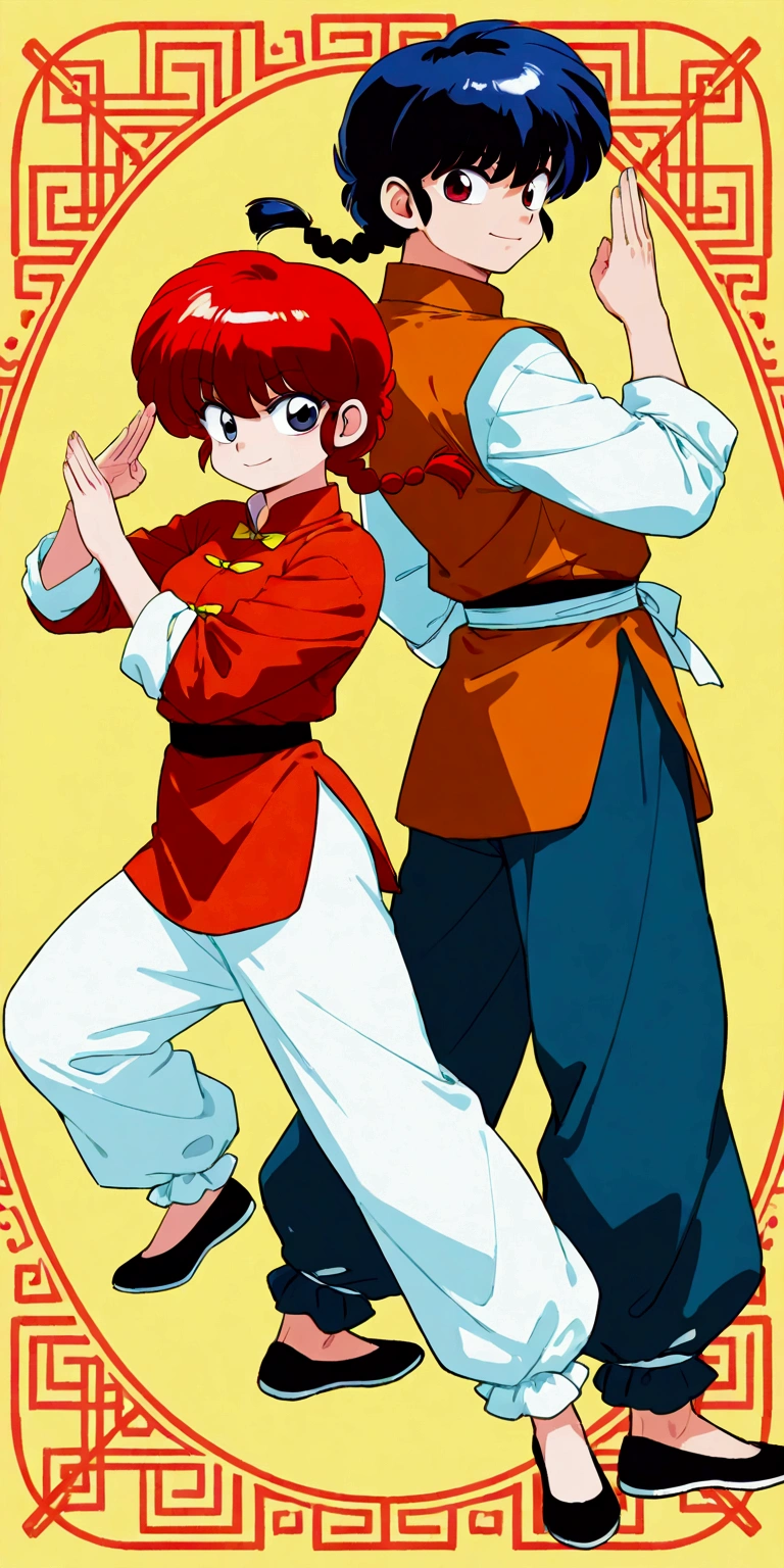 (1boy and 1girl\((back to back:1.4)\):1.4), 1boy\(Ranma, the main character of anime\(Ranma1/2\), braided black hair, gray eyes, red Chinese clothes, smiling, ranma saotome, single braid, braided ponytail,pants, chinese clothes, tangzhuang, kung fu pose\),1girl\(Ranma, the main character of anime\(Ranma1/2\), braided red hair, red eyes, red Chinese clothes, smiling, ranma saotome, braid, red hair, single braid, braided ponytail, red eyes,pants, chinese clothes, tangzhuang, kung fu pose,purple eyeshadow),background\(many deformed pandas,simple,pastel color\). BREAK .quality\(8k,wallpaper of extremely detailed CG unit, high resolution, top-quality, top-quality real texture skin, hyper realistic, increase the resolution, RAW photos, best quality, highly detailed, the wallpaper, golden ratio, high saturation realism, vibrant colors, dramatic lighting, persuasive storytelling, atmospheric scenery, captivating visuals, intricate details, strong emotions, dreamlike world\)