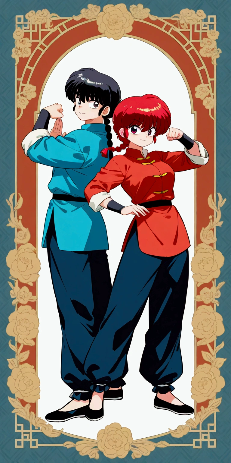 (1boy and 1girl\((back to back:1.4)\):1.4), 1boy\(Ranma, the main character of anime\(Ranma1/2\), braided black hair, gray eyes, red Chinese clothes, smiling, ranma saotome, single braid, braided ponytail,pants, chinese clothes, tangzhuang, kung fu pose\),1girl\(Ranma, the main character of anime\(Ranma1/2\), braided red hair, red eyes, red Chinese clothes, smiling, ranma saotome, braid, red hair, single braid, braided ponytail, red eyes,pants, chinese clothes, tangzhuang, kung fu pose,purple eyeshadow),background\(many deformed pandas,simple,pastel color\). BREAK .quality\(8k,wallpaper of extremely detailed CG unit, high resolution, top-quality, top-quality real texture skin, hyper realistic, increase the resolution, RAW photos, best quality, highly detailed, the wallpaper, golden ratio, high saturation realism, vibrant colors, dramatic lighting, persuasive storytelling, atmospheric scenery, captivating visuals, intricate details, strong emotions, dreamlike world\)