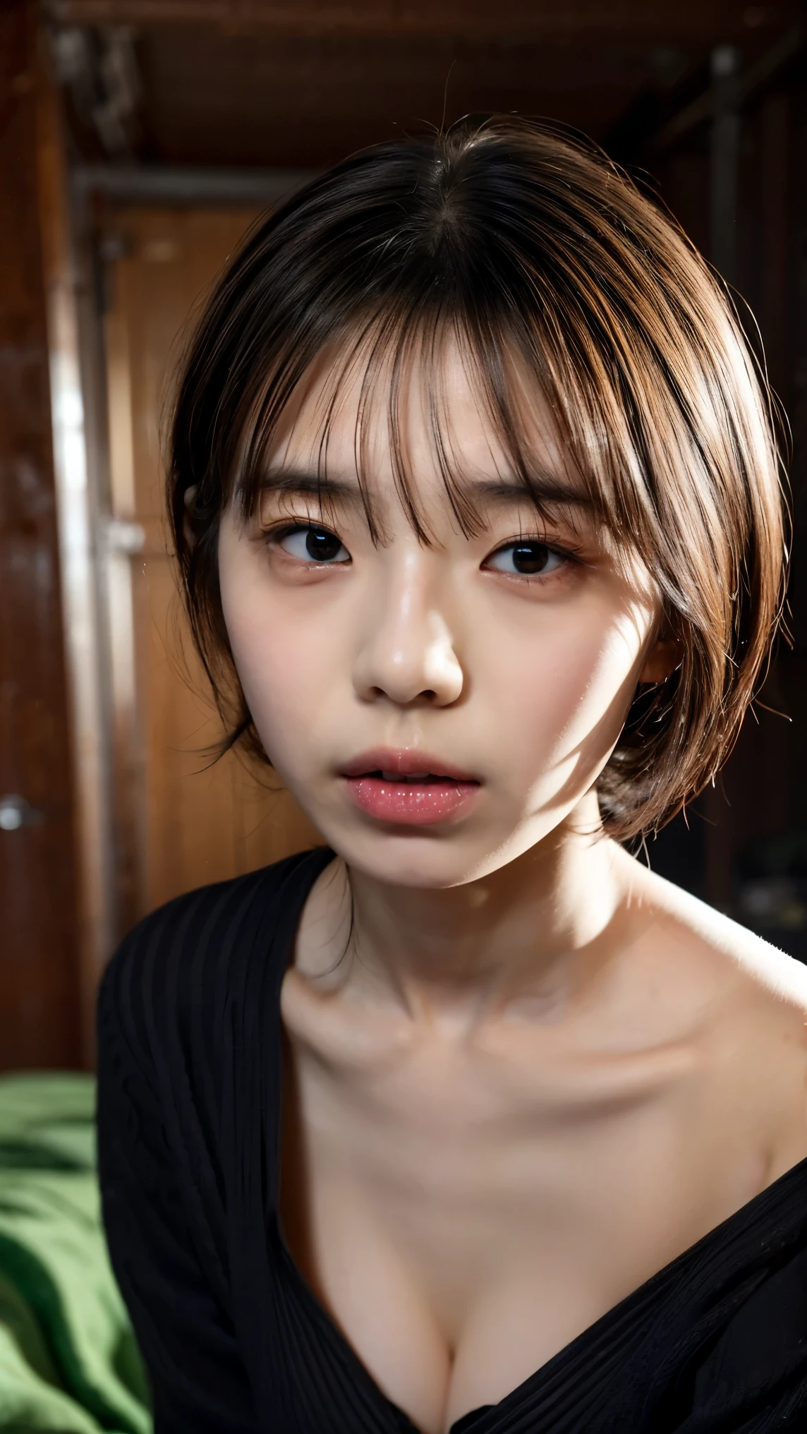 (( ite woman, Sensual Woman , no makeup in the coal mine, 柔らかい笑face, In the bedroom)), ((( small eyes , length, Narrow eyes, black hair, short bob hair))), ( full body portrait, short hair, Big Breasts, wearing a white t-shirt, protruding nipples, Thick pubic hair), white skin, Glossy pale lips, skinny, Body Type, Delicate and Charming Ribs , top quality, RAW photo, realistic , face, very beautiful , cute, depth of written border , high definition , 超 Details, Details, Very Details, extremely Details eye and face, sharp pupils, sharp concentration , movie lighting