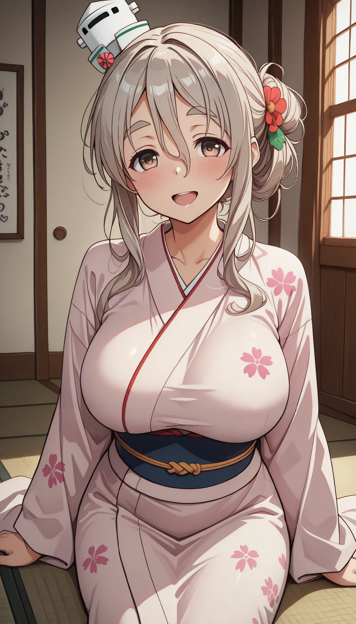 score_9, score_8_up, score_7_up, score_6_up, score_5_up, score_4_up、solo focus,large breasts,,pola（kancolle）,silver blonde hair,,,solo,
,,,sitting,smile,.open mouth,.,narrow waist,indoor,kimono,folded hair,japanese clothes ,kimono