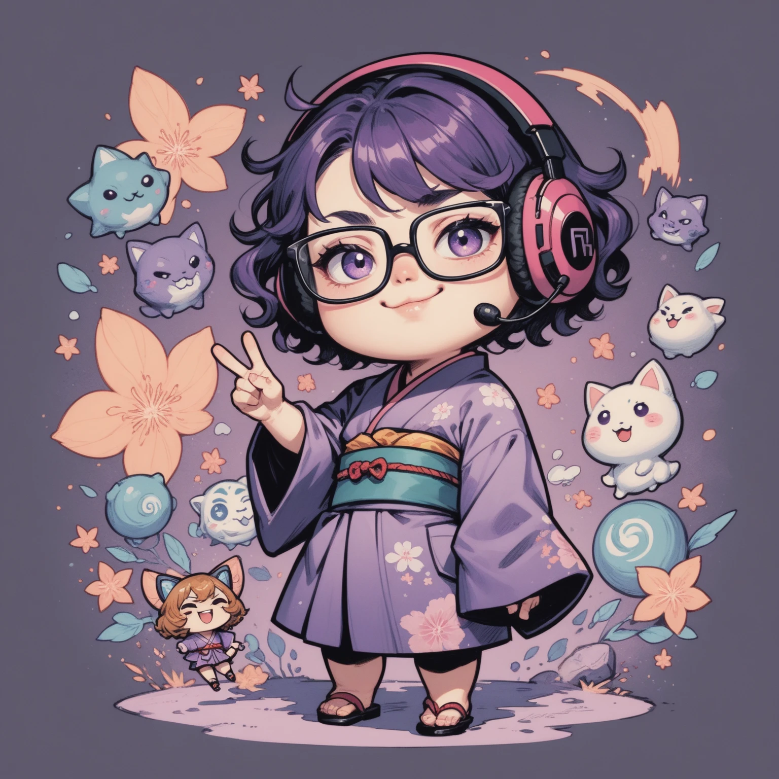 Japanese woman, one person, black wavy hair, semi-short hair, wearing glasses, Front facing, gaming headset, full body image, dark purple Japanese-kimono, icon, chibi, kawaii, smug face, 