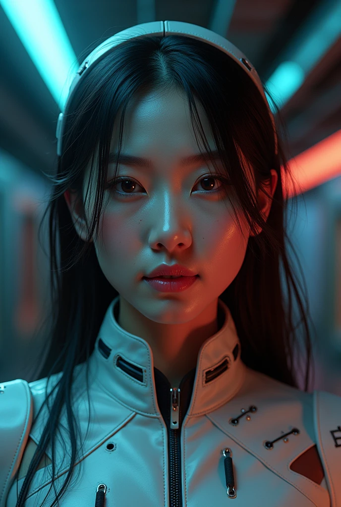 Detailed portrait cyberpunk (sks woman) (40 year old sks woman), futuristic neon reflective wear, sci-fi, robot parts, ismail inceoglu dragan bibin hans thoma greg rutkowski alexandros pyromallis nekro rene margitte illustrated, perfect face, ((tattoo)), (long hair),, matte skin, pores, wrinkles, hyperdetailed, hyperrealistic,, Moody Lighting, Hasselblad Award Winner, Soft Diffuse Lighting, Smirk,, machine face, fine details, realistic shaded, intricate, elegant,
