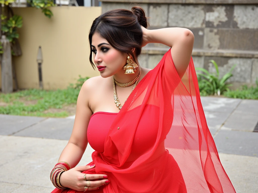 Indian beautiful woman sexy alluring face, seductive smile, Kajal in eyes, heavy mascara, Giving sexy look to viewer's, big long bell earrings, Both hand's stretched up above the head showing dark hairy stubble armpits, Golden long necklace, topless, very deep cleavage, wearing Dark Red designer transparent saree, red nail polish, plenty red bangles in hand, Red dark lipstick, heavy bridal makeup, facing to camera in Squat posture, big large m-cup breasts, deep cleavage, huge breasts, side bun hairstyle, bright eyes, thin eyebrows, fair skin, blushing cheeks, perfect, head to thigh view, bright sunlight, oily sweaty shiny detailed skin.