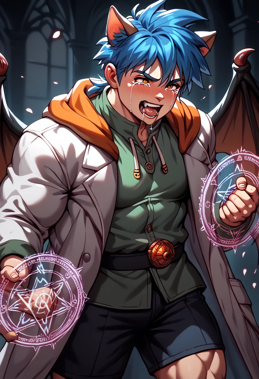 ((Boy with blue hair and cat ears )), I'm wearing a white coat,((( boy))),Shorts, anatomically correct, (((8K resolution))), He has a thick dictionary in his hand , trained muscles like a bodybuilder, big wings, Thick chest peeking out from her chest , green shirt , He lowers his orange hood to his collar ,((Devilish body, Evil Magic Circle , Zombies or Demons , ejaculates)), crying with his big mouth open ,gritting teeth, drool, Always Wear Cat Ears , huge muscles,4boy,Body like a Hulk 