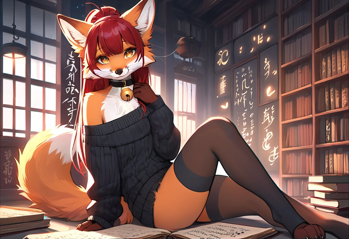 full body、Solo、unpralleled masterpiece、Detailed、 Beautiful、 score_9、 score_8_up、 score_7_up、moody atmosphere、mysterious、fox、anthro、furry、female、orange fur、(long hair、beautiful hair、dark scarlet red hair、side swept hair、bangs、hair bow in hair)、yellow eyes、(tuft of fur)、(digitigrade、claws、fox paws、exposed feet)、(foxy whiskers)、(heavily shaded orange body、dark black shading on body)、(sassy pose、sassy hips、sassy、flirtatious)、fluffy tail、(light smile、soft smile)、wearing (Black simple stylish long socks、non-transparent thigh highs、Black crop off shoulder sweater、Collar with gold bell)、night、indoors、in a library、(dimly lit room、dark room、dark room illuminated by lantern)、(divine letters with incantations on wall、open book with calligraphy written on it)、looking at viewer with adoration