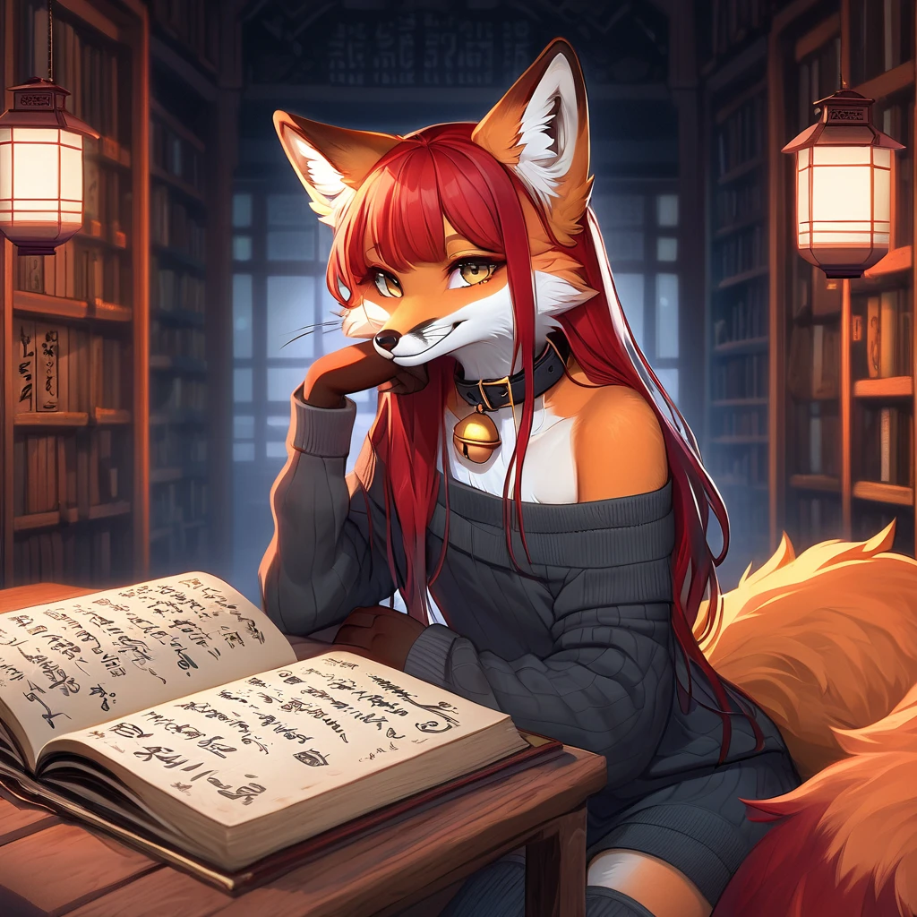 full body、Solo、unpralleled masterpiece、Detailed、 Beautiful、 score_9、 score_8_up、 score_7_up、moody atmosphere、mysterious、fox、anthro、furry、female、orange fur、(long hair、beautiful hair、dark scarlet red hair、side swept hair、bangs、hair bow in hair)、yellow eyes、(tuft of fur)、(digitigrade、claws、fox paws、exposed feet)、(foxy whiskers)、(heavily shaded orange body、dark black shading on body)、(sassy pose、sassy hips、sassy、flirtatious)、fluffy tail、(light smile、soft smile)、wearing (Black simple stylish long socks、non-transparent thigh highs、Black crop off shoulder sweater、Collar with gold bell)、night、indoors、in a library、(dimly lit room、dark room、dark room illuminated by lantern)、(divine letters with incantations on wall、open book with calligraphy written on it)、looking at viewer with adoration