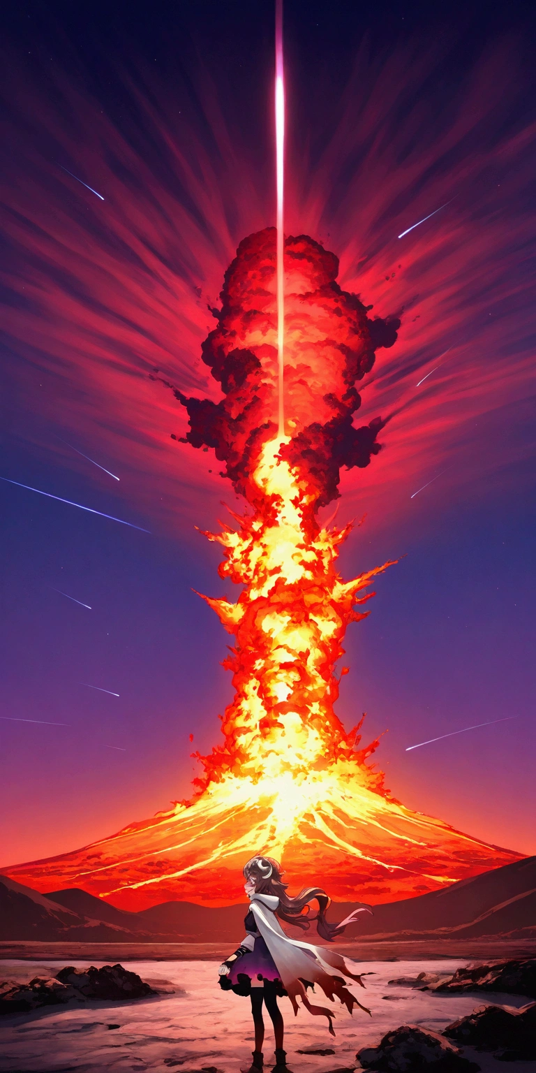 background\((realistic detailed volcano:1.2),beautiful red sparks,Lots of fireballs,(great eruption:1.3), lava,flare,(prominence),(beautiful stardust:1.2),(burning sky:1.3),night,(red burning shooting stars circling:1.3)\),,(dynamic angle:1.3),dutch angle.solo,1girl\(Eyjafjalla\(arknights\), curled horns, ahoge, mask around neck, purple dress, white cape, fingerless gloves, black thighhighs,(tears:1.3)\). BREAK .quality\(8k,wallpaper of extremely detailed CG unit, high resolution, top-quality, top-quality real texture skin, hyper realistic, increase the resolution, RAW photos, best quality, highly detailed, the wallpaper, golden ratio, high saturation realism, vibrant colors, dramatic lighting, persuasive storytelling, atmospheric scenery, captivating visuals, intricate details, strong emotions, dreamlike world\).(long shot),wide shot,landscape,blured background