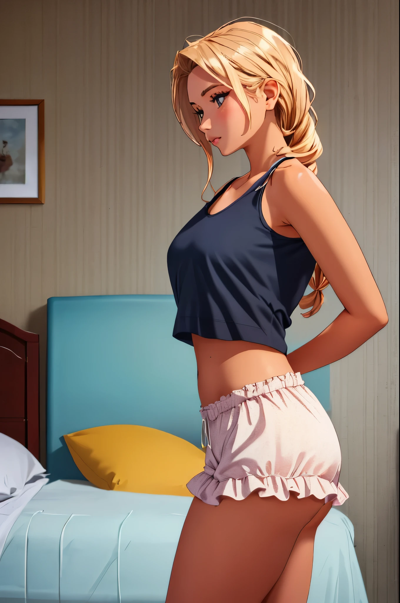 cowboy shot of a young gorgeous woman with long braided hair, irresistible, wearing ruffle pajama shorts, side view, butt cheeks, crop top, bedroom, ideal cute face, ideal body, (casual:1.2), detailed skin, natural lighting, 