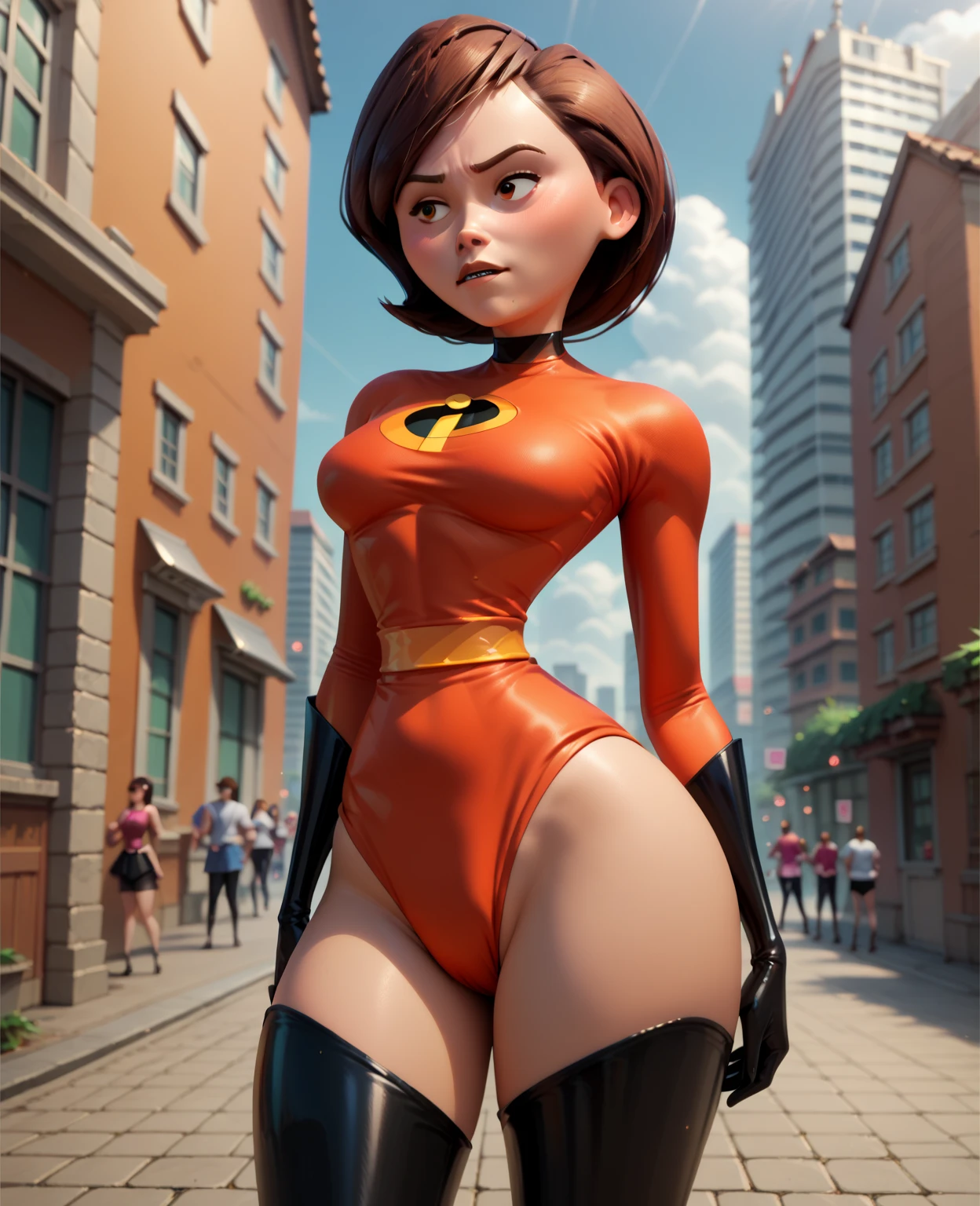 masterpiece, best quality, beautiful face, beautiful eyes, outdoors, lens flare, depth of field, 1girl, solo, looking at viewer, breasts, helenparr, helen parr,, polka dot, collared shirt, dress shirt, buttons, black pants, hands on hips, medium breasts, big ass, thick thighs, wide hips, bend over, see through pants, buttcrack,