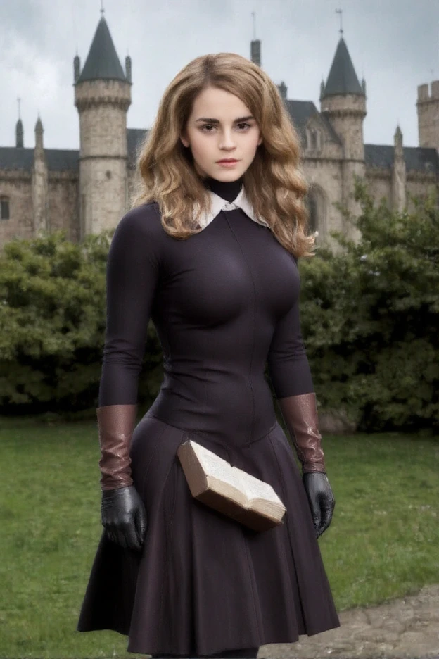 3mm4w, photo of a woman wearing LATEX hogwarts school uniform holding a book looking at the viewer standing in the yard of medieval castle
