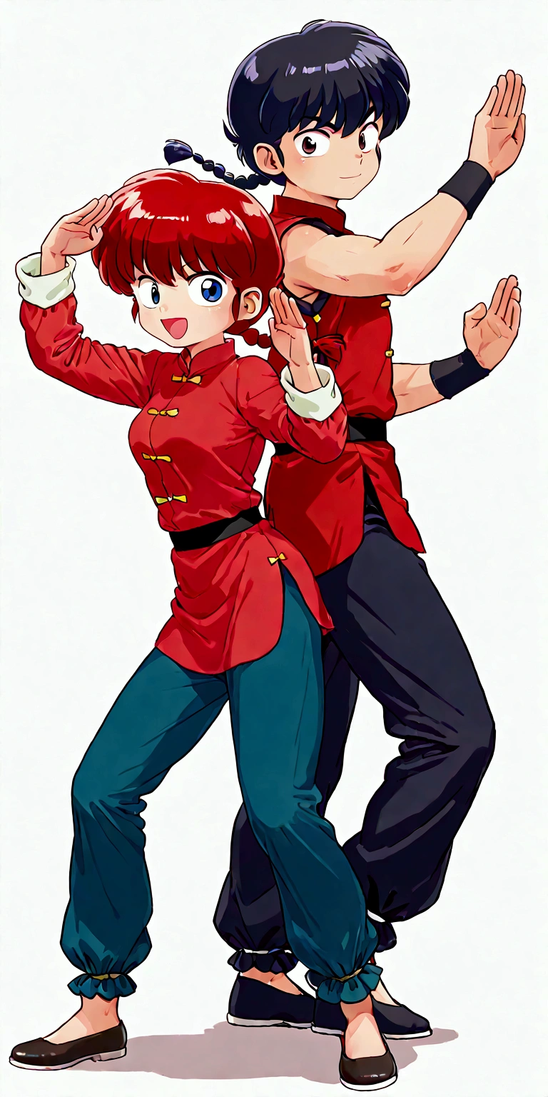 (1boy and 1girl\((back to back:1.4)\):1.4), 1boy\(Ranma, the main character of anime\(Ranma1/2\), braided black hair, gray eyes, red Chinese clothes, smiling, ranma saotome, single braid, braided ponytail,pants, chinese clothes, tangzhuang, kung fu pose\),1girl\(Ranma, the main character of anime\(Ranma1/2\), braided red hair, red eyes, red Chinese clothes, smiling, ranma saotome, braid, red hair, single braid, braided ponytail, red eyes,pants, chinese clothes, tangzhuang, kung fu pose,purple eyeshadow),background\(many deformed pandas,simple,pastel color\). BREAK .quality\(8k,wallpaper of extremely detailed CG unit, high resolution, top-quality, top-quality real texture skin, hyper realistic, increase the resolution, RAW photos, best quality, highly detailed, the wallpaper, golden ratio, high saturation realism, vibrant colors, dramatic lighting, persuasive storytelling, atmospheric scenery, captivating visuals, intricate details, strong emotions, dreamlike world\)