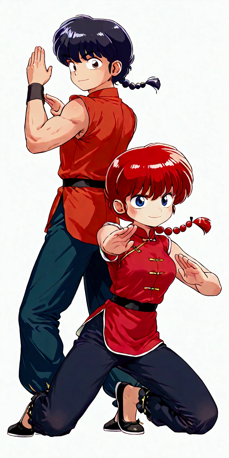 (1boy and 1girl\((back to back:1.4)\):1.4), 1boy\(Ranma, the main character of anime\(Ranma1/2\), braided black hair, gray eyes, red Chinese clothes, smiling, ranma saotome, single braid, braided ponytail,pants, chinese clothes, tangzhuang, kung fu pose\),1girl\(Ranma, the main character of anime\(Ranma1/2\), braided red hair, red eyes, red Chinese clothes, smiling, ranma saotome, braid, red hair, single braid, braided ponytail, red eyes,pants, chinese clothes, tangzhuang, kung fu pose,purple eyeshadow),background\(many deformed pandas,simple,pastel color\). BREAK .quality\(8k,wallpaper of extremely detailed CG unit, high resolution, top-quality, top-quality real texture skin, hyper realistic, increase the resolution, RAW photos, best quality, highly detailed, the wallpaper, golden ratio, high saturation realism, vibrant colors, dramatic lighting, persuasive storytelling, atmospheric scenery, captivating visuals, intricate details, strong emotions, dreamlike world\)