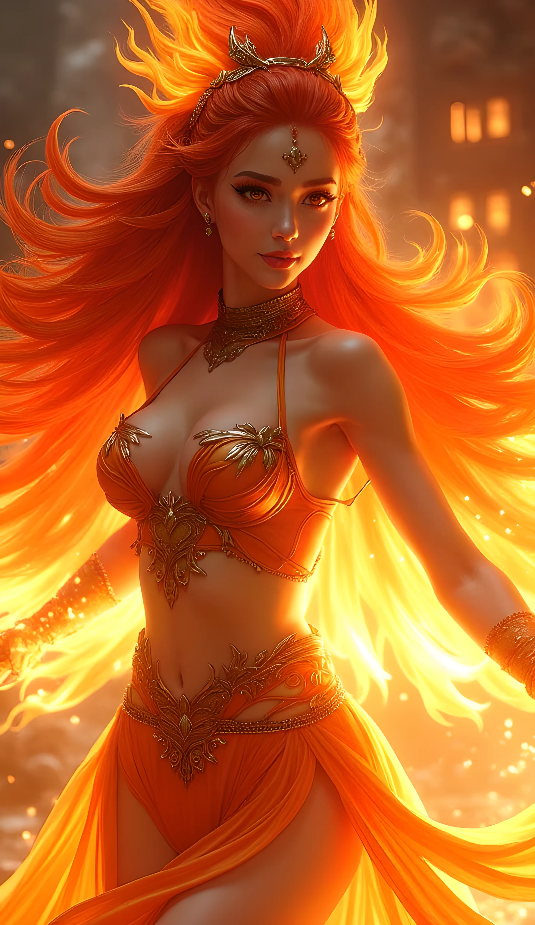 (Browsing Caution:-1, Expose:0.7), (((Nipples:-0.99))), (Accutance:0.85, Super detailed:1.35), (masterpiece, Highest quality, High resolution, Realistic:1.37), (Sexy woman in flames:1.2), (All outfits made of fire:1.2), (Shining colorful lights on a blurred background:1.2), Detailed gaze, Seductive lips, Seductive pose, Enchanting atmosphere, Remains, Burning sky .