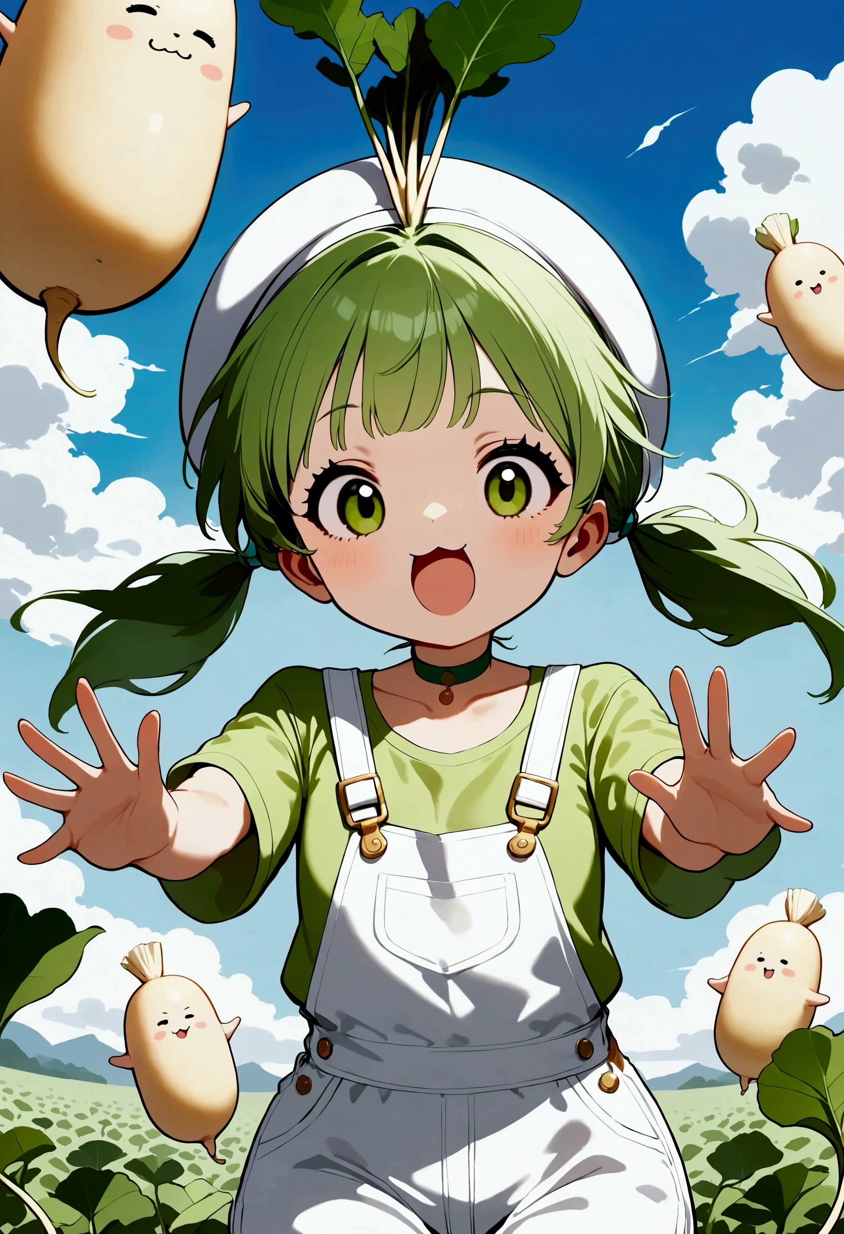 DKG ,  cute girl,  little character, (( daikon leaves growing))White Beret,  short green twin tails .  :1.2, Green T-shirt,  white overalls , Green choker,  mouth, Surprised:1.2, Beautiful blue sky,  daikon field background .