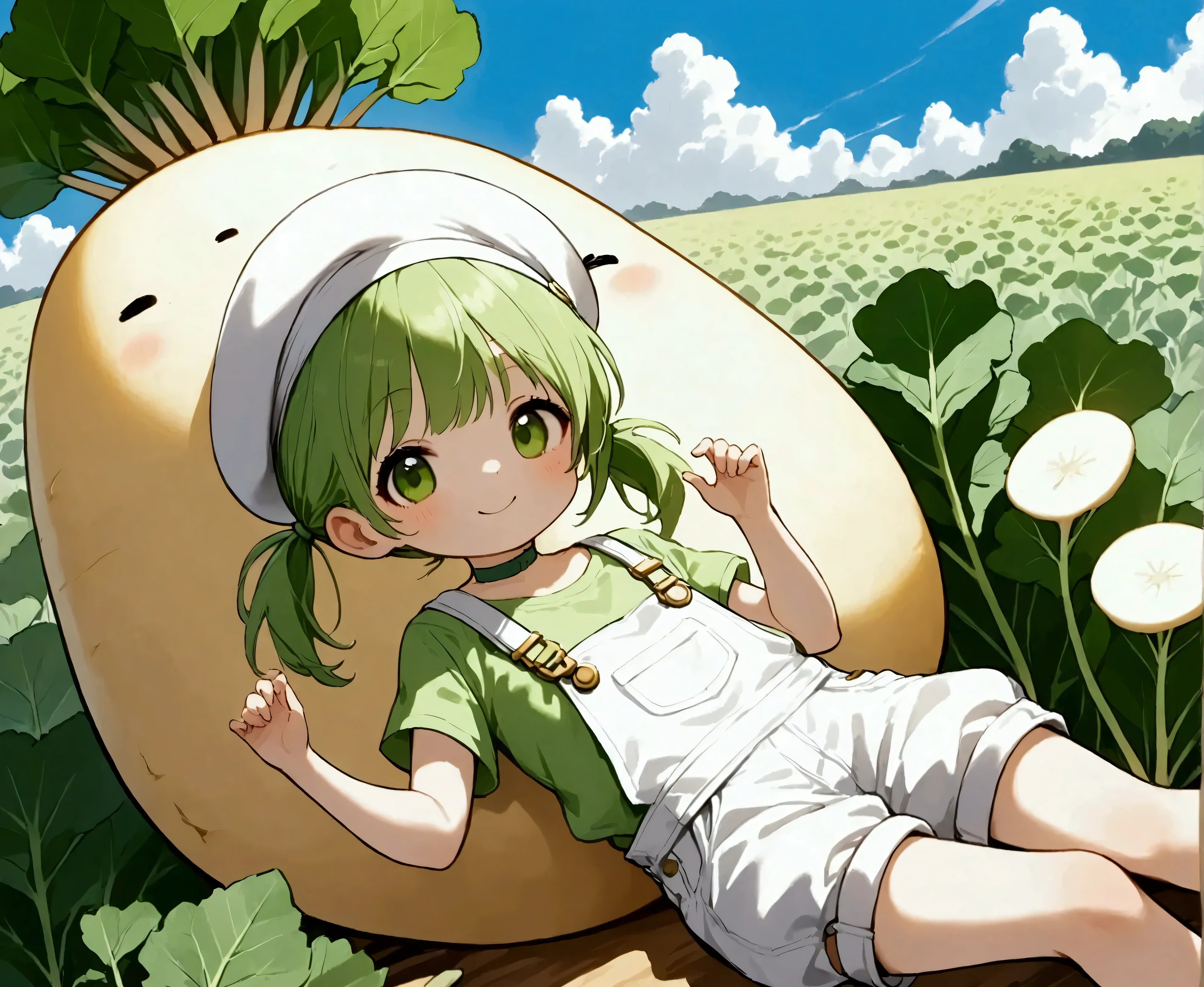 DKG ,  cute girl,   character, (( daikon leaves growing))White Beret,  short green twin tails .  :1.2, Green T-shirt,  white overalls , Green choker, Lie down on a giant daikon:1.6, smile, Beautiful blue sky,  daikon field background .