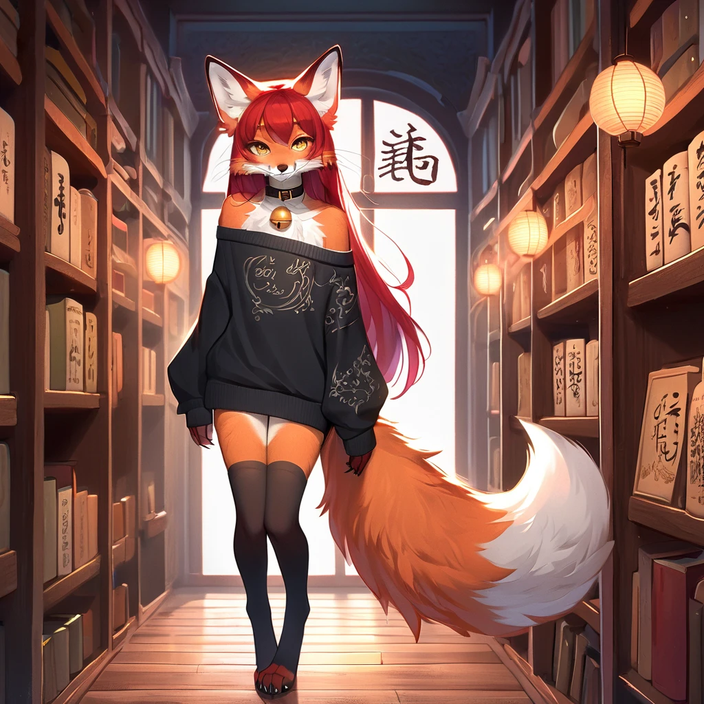 full body、Solo、unpralleled masterpiece、Detailed、 Beautiful、 score_9、 score_8_up、 score_7_up、moody atmosphere、mysterious、fox、anthro、furry、female、orange fur、(long hair、beautiful hair、dark scarlet red hair、side swept hair、bangs、hair bow in hair)、yellow eyes、(tuft of fur)、(digitigrade、claws、fox paws、exposed feet)、(foxy whiskers)、(heavily shaded orange body、dark black shading on body)、(sassy pose、sassy hips、sassy、flirtatious)、fluffy tail、(light smile、soft smile)、wearing (Black simple stylish long socks、non-transparent thigh highs、Black crop off shoulder sweater、Collar with gold bell)、night、indoors、in a library、(dimly lit room、dark room、dark room illuminated by lantern)、(divine letters with incantations on wall、open book with calligraphy written on it)、fog、looking at viewer with adoration