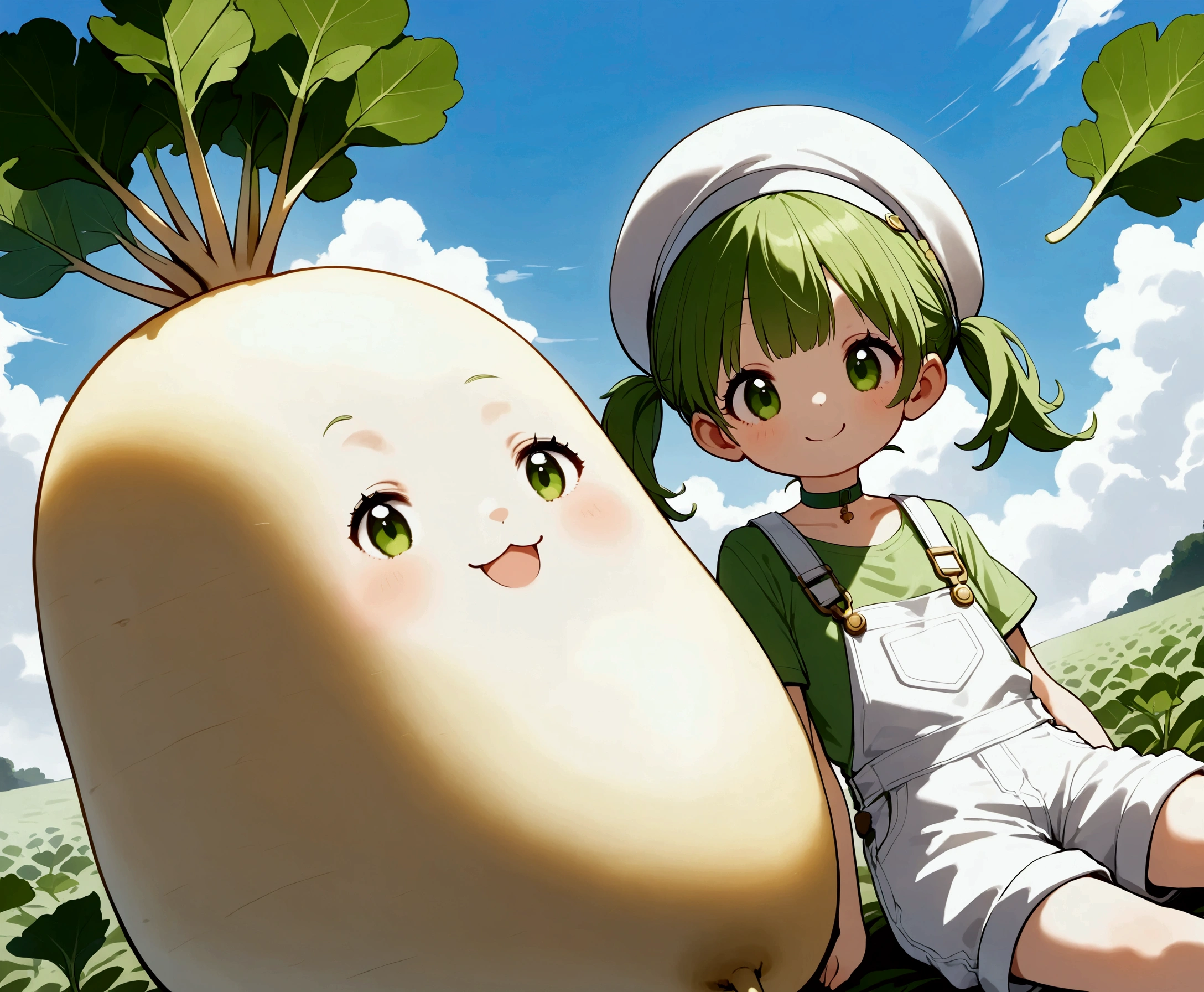 DKG ,  cute girl,   character, (( daikon leaves growing))White Beret,  short green twin tails .  :1.2, Green T-shirt,  white overalls , Green choker, Lie down on a giant daikon:1.6, smile, Beautiful blue sky,  daikon field background .