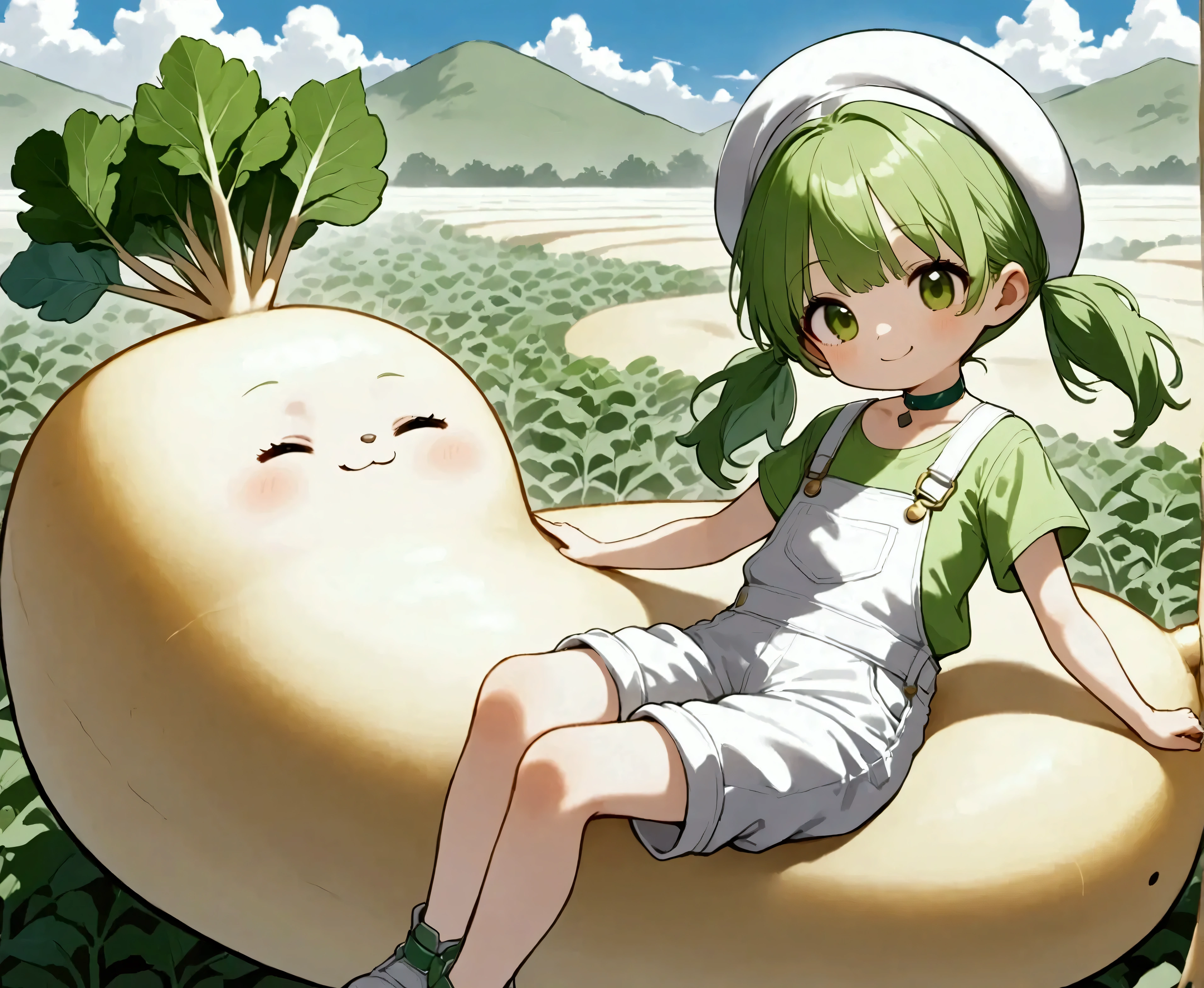 DKG ,  cute girl,  little character, (( daikon leaves growing))White Beret,  short green twin tails .  :1.2, Green T-shirt,  white overalls , Green choker, Lie down on a giant daikon:1.6, smile, Beautiful blue sky,  daikon field background .