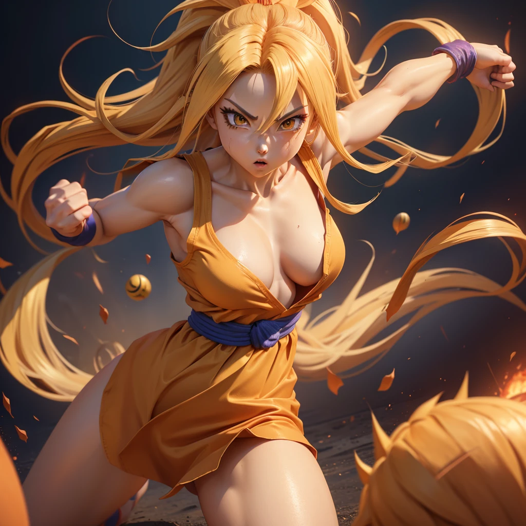 1 girl. super sayayin woman, messy long yellow hair, seductive body, martial arts red outfit, goku outfit. ball z dragon curvilinear body. beautiful, beautiful face, toned body. 8k. position in four. ass. sexy back. watching flirt. 