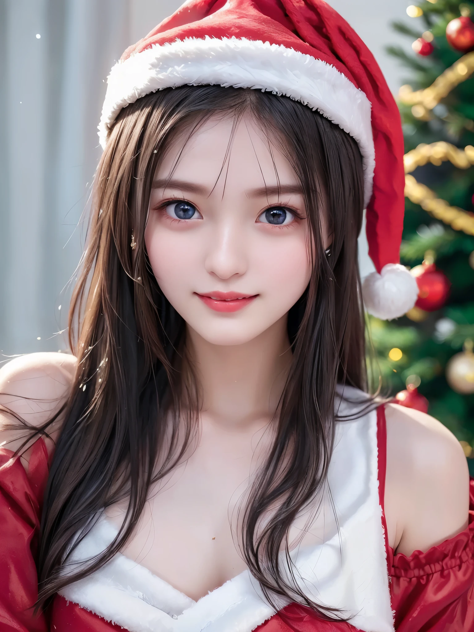  top quality、 super high resolution 、(Photographically: 1.4)、 beautiful eyes、 very beautiful 、 shiny hair 、Thin hair、 Merry Christmas 、 Christmas tree、smile、(( red Santa Claus costume 、Santa hat、Forehead))