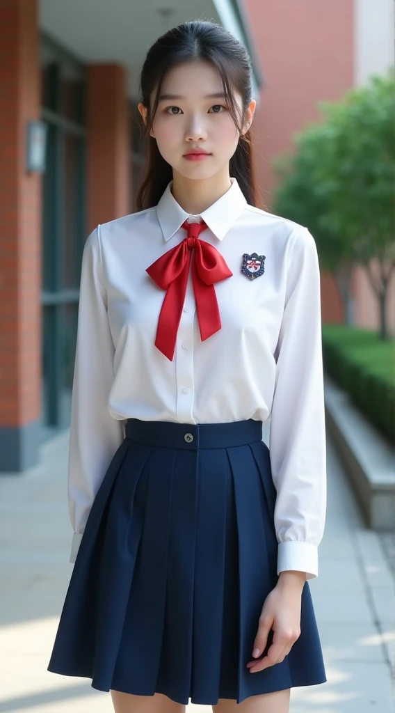 (1 Korean star with royal sister style), ((Best quality, 8K, 巨作: 1.3)), focal point: 1.2, Perfect body beauty: 1.4, (Smile), (Sunset: 1.3), Watery eyes, highly detailed face and skin textures, Fine eyes, Double eyelids, Whitens the skin, (Long hair, Air bangs: 1.3), (Round face: 1.5), (Uniform: 1.4), (Sunset,Stand in the park: 1.6),(Black stockings: 1.4),(film grain style:1.3),a sense of atmosphere